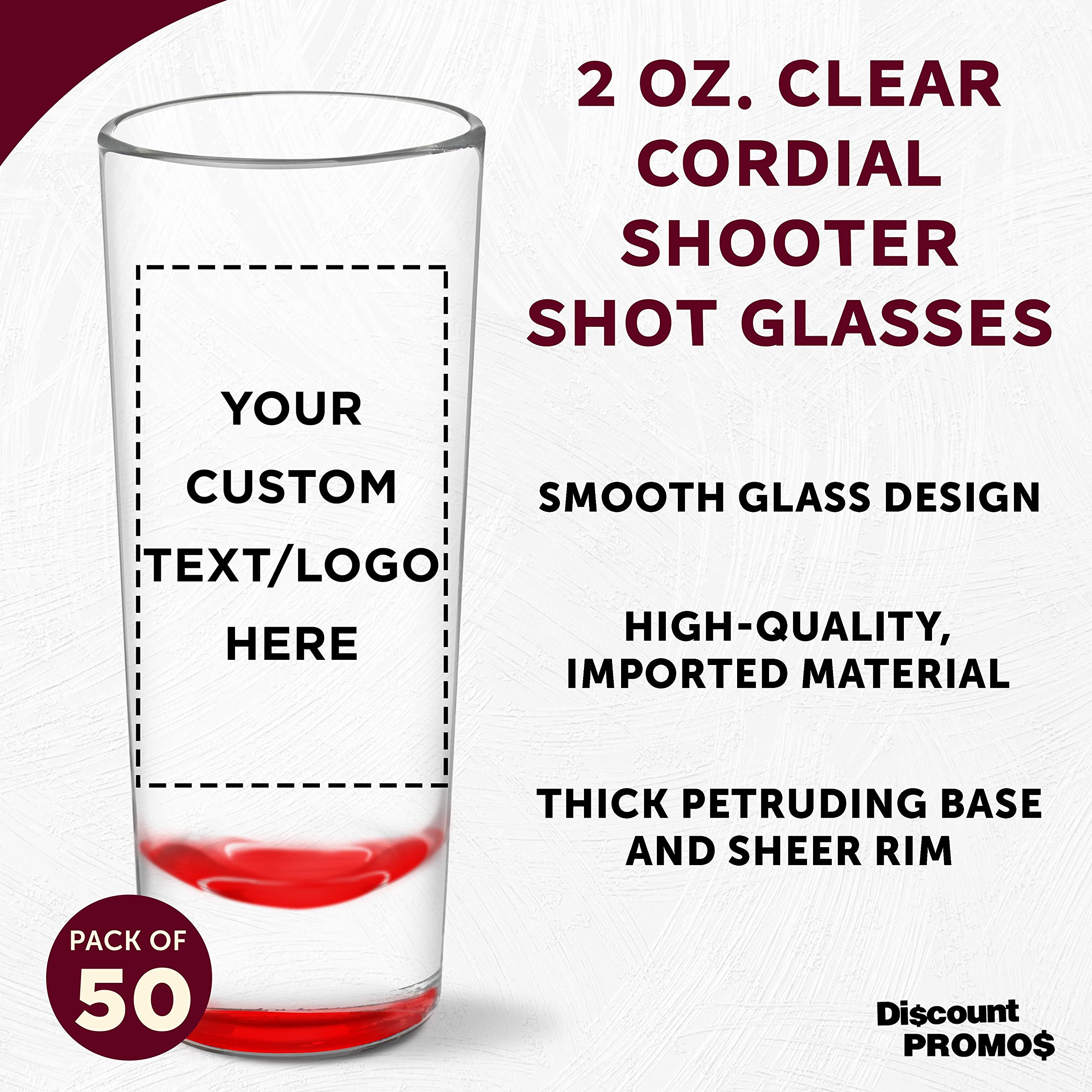 Custom 2 oz Cordial Shot Glasses Set of 50 - Personalized Bulk Pack for Parties, Weddings & Events - Durable Red Glassware for Bars, Restaurants & Home Entertaining