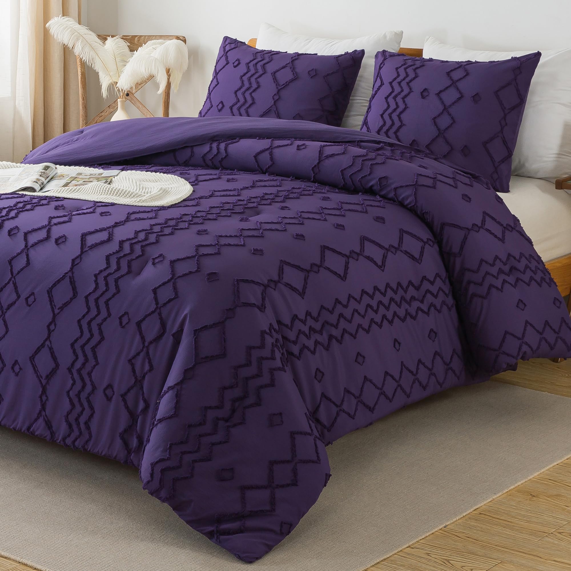 **Andency Purple Tufted Comforter Set Queen (90x90 Inch) - 3-Piece Boho Farmhouse Bedding with Textured Geometric Design, Soft Microfiber Down Alternative - Perfect for Cozy Bedrooms & Guest Rooms**
