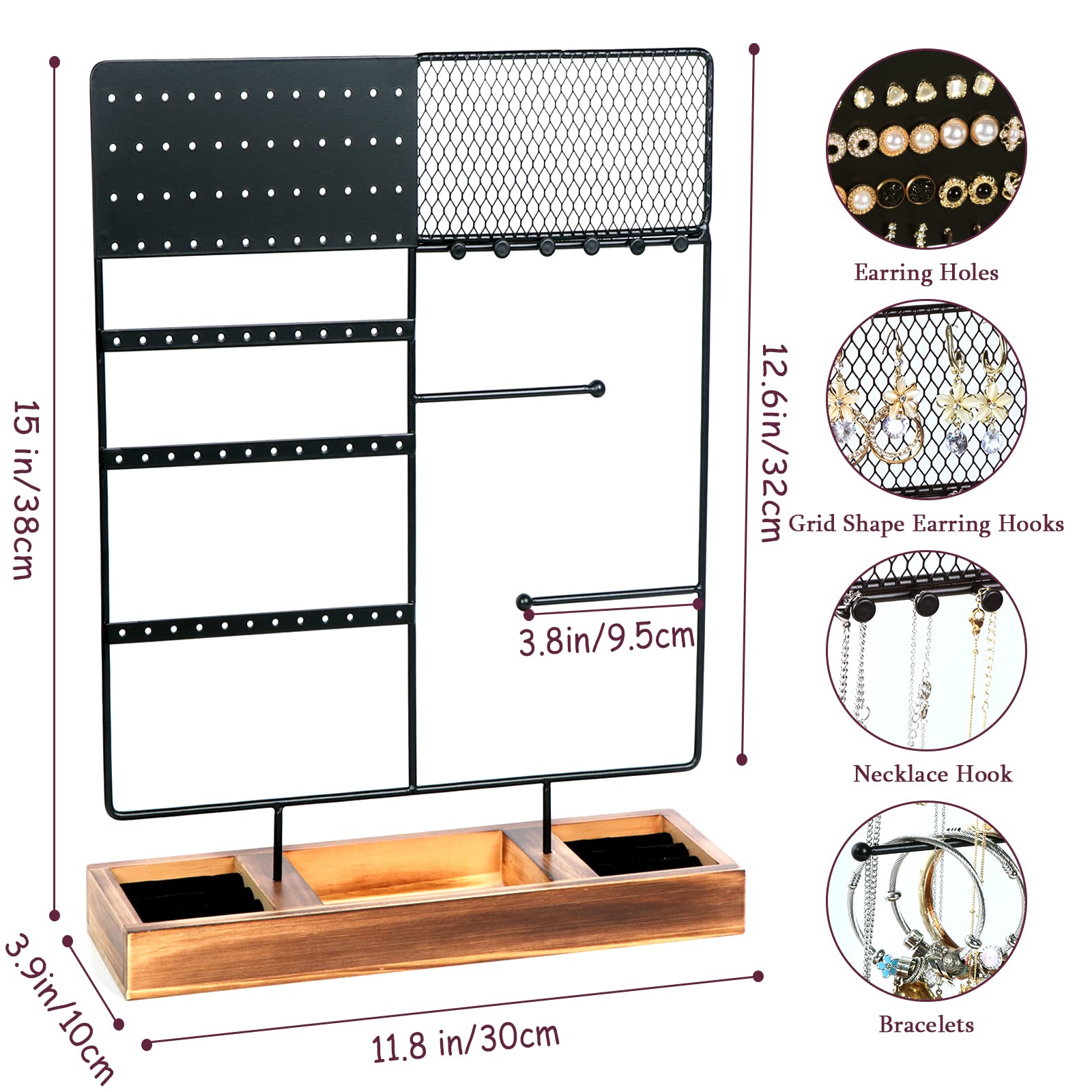 Sovia Jewelry Organizer Stand with 84 Holes & Wooden Tray - for Earrings, Necklaces & Watches - Perfect for Bedroom & Travel
