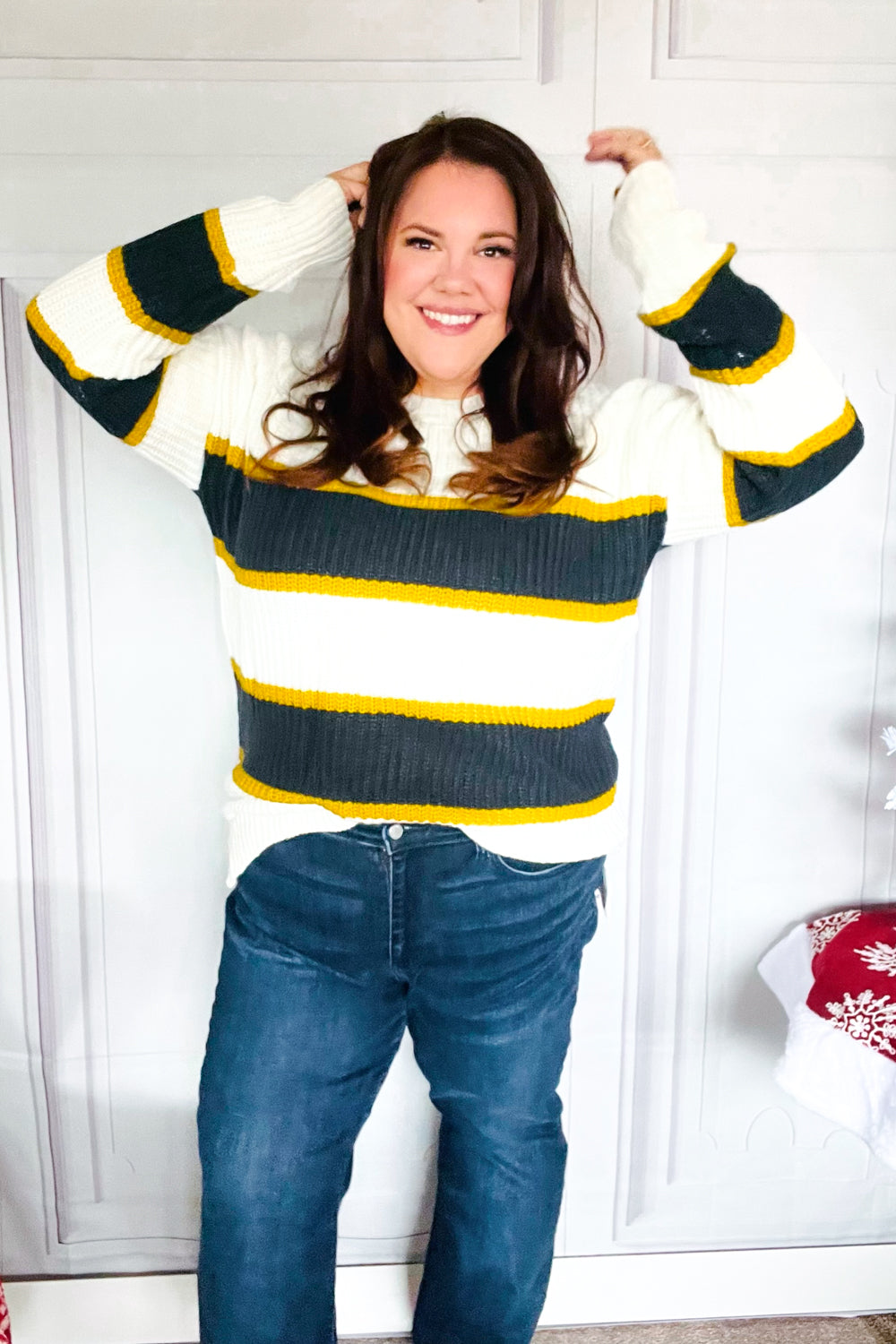 PLUS Casual Chic Yellow & Ivory Stripe Oversized Knit Sweater for Women | Cozy Winter Pullover | Perfect for Office, Date Night & Weekend Outfits