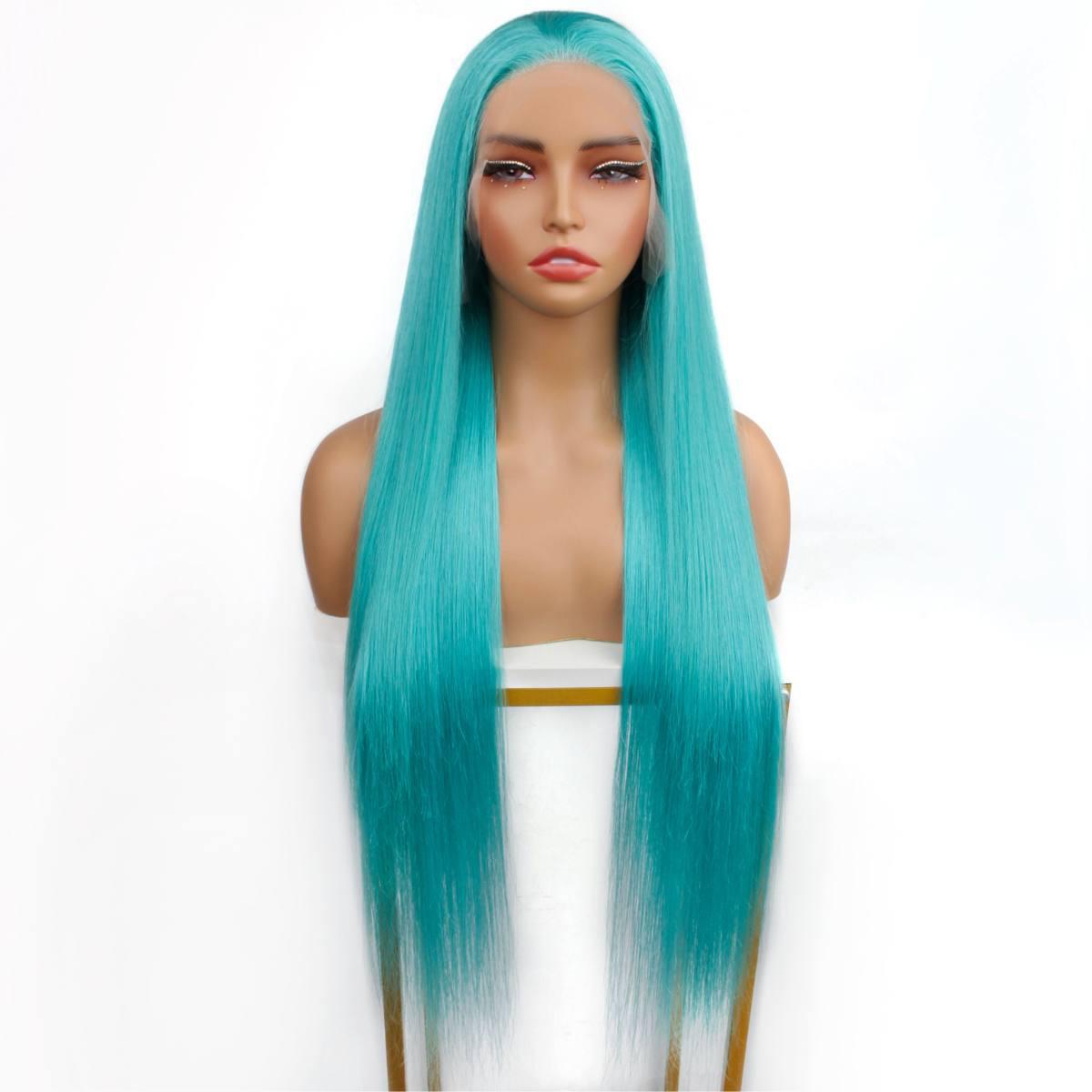 Aqua Blue Straight 13x4 Transparent Lace Front Wig - Natural Look Human Hair Wig for Women, Glueless HD Lace Wig with Baby Hair - Perfect for Daily Wear, Cosplay & Special Occasions