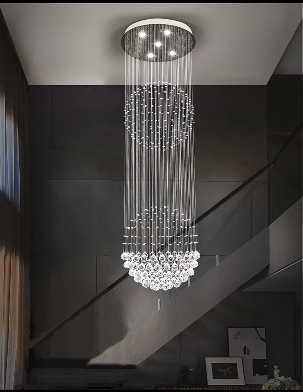 Modern K9 Crystal Raindrop Chandelier Pendant Light - Chrome Silver Round Sphere Flush Mount LED Ceiling Lamp (5-Lights, D20