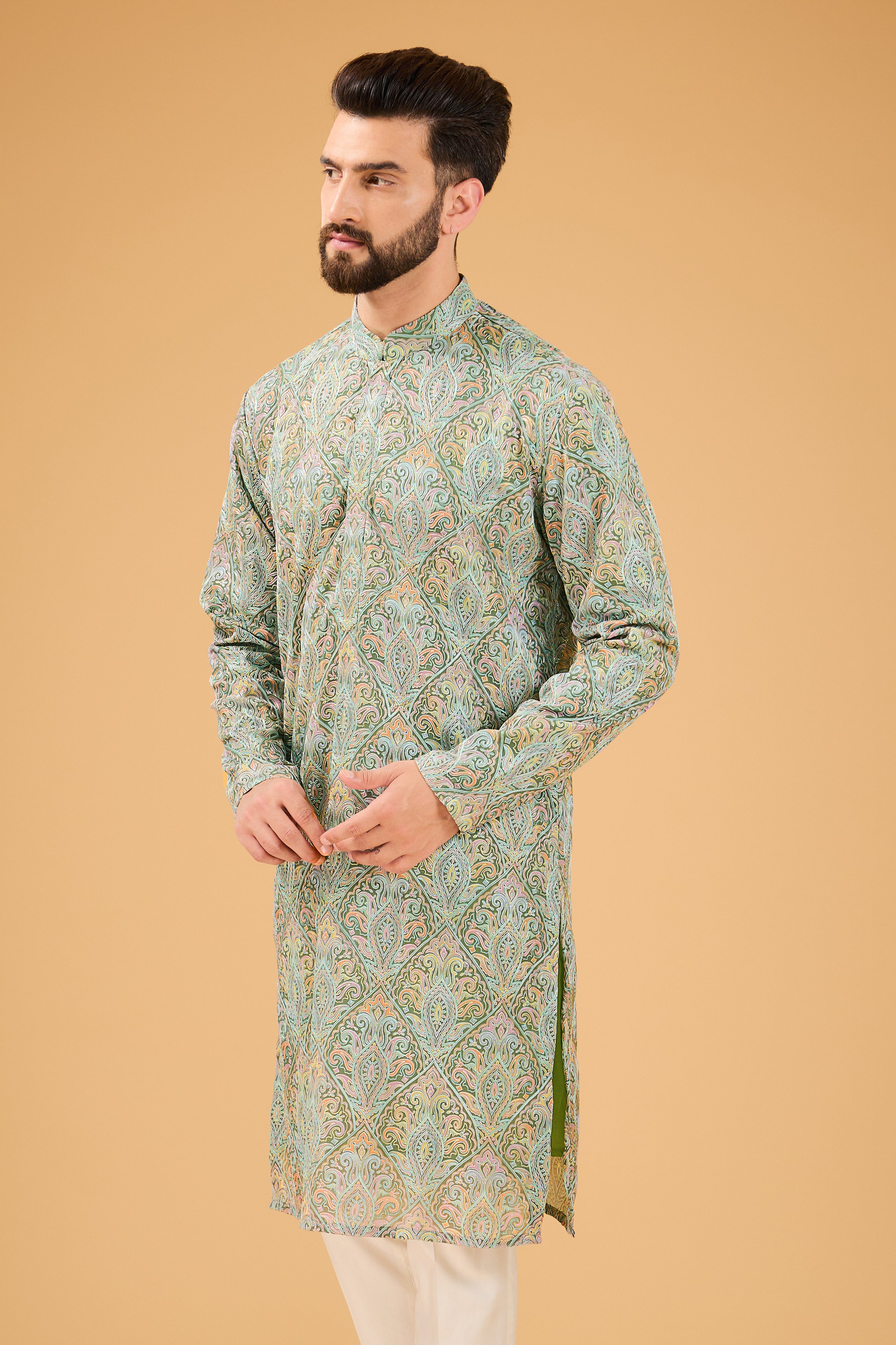 Stylish Military Green Kashmiri Embroidered Chickankari Kurta for Women | Traditional Indian Handcrafted Cotton Tunic | Perfect for Festivals, Weddings & Casual Wear