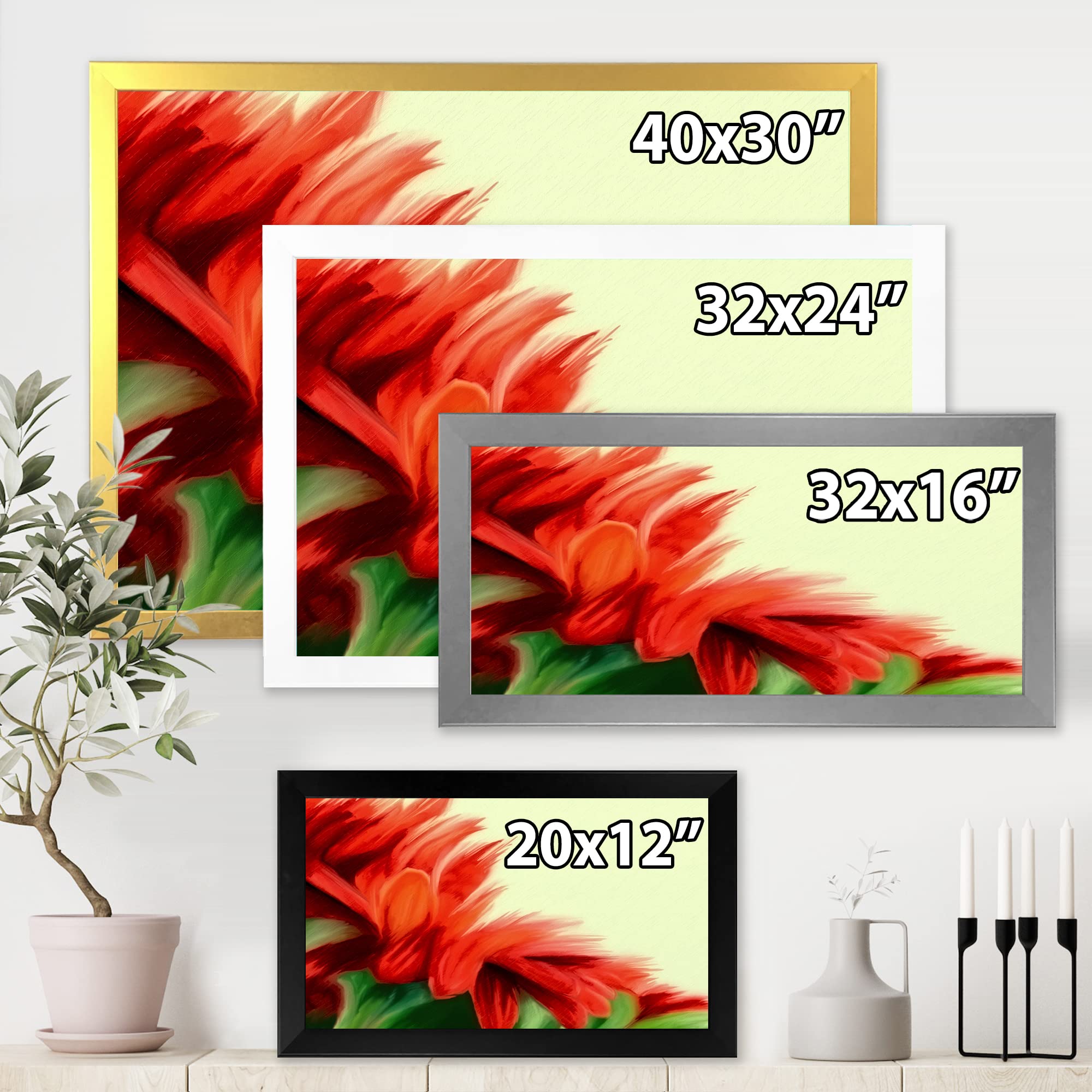 Vibrant Red Floral on Green Traditional Framed Wall Art - Elegant Home Decor for Living Room, Bedroom & Office