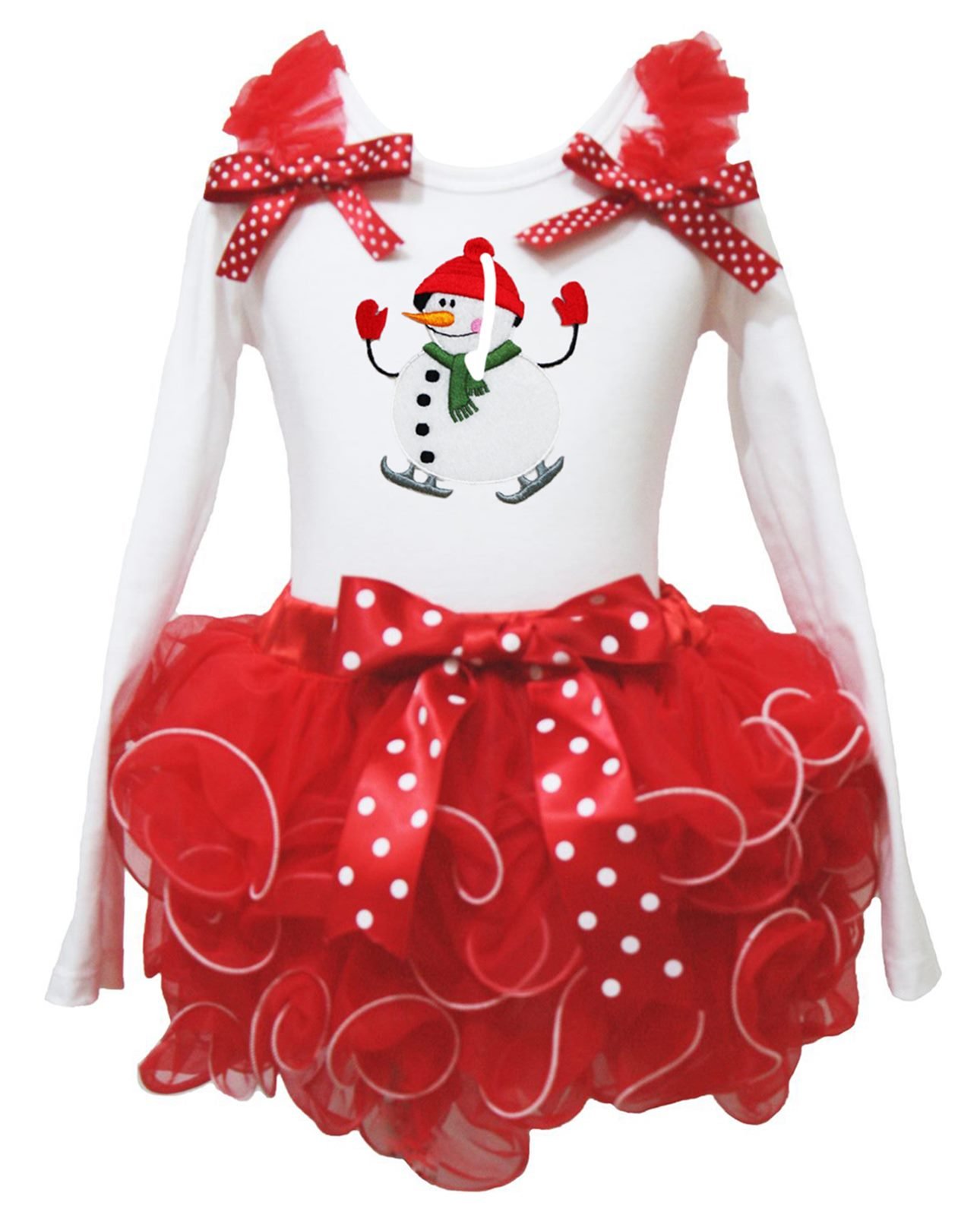 Snowman Christmas Dress for Girls 1-8 Years - Long Sleeve White Top with Red Petal Skirt Outfit | Holiday Party, Family Photos & Festive Celebrations