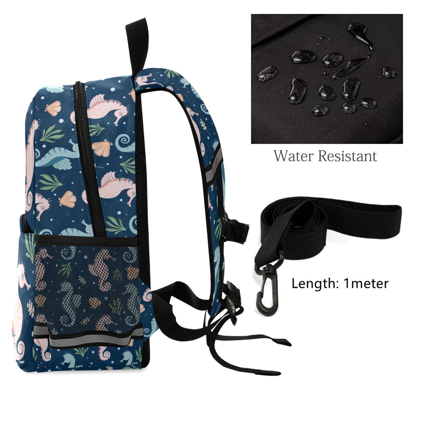 QUGRL Seahorse & Seashell Toddler Backpack - Waterproof Kids School Bag for Kindergarten, Preschool & Travel with Safety Leash (3-8 Years) | Perfect for Boys & Girls Underwater Theme Parties, Beach Trips & Daily School Use
