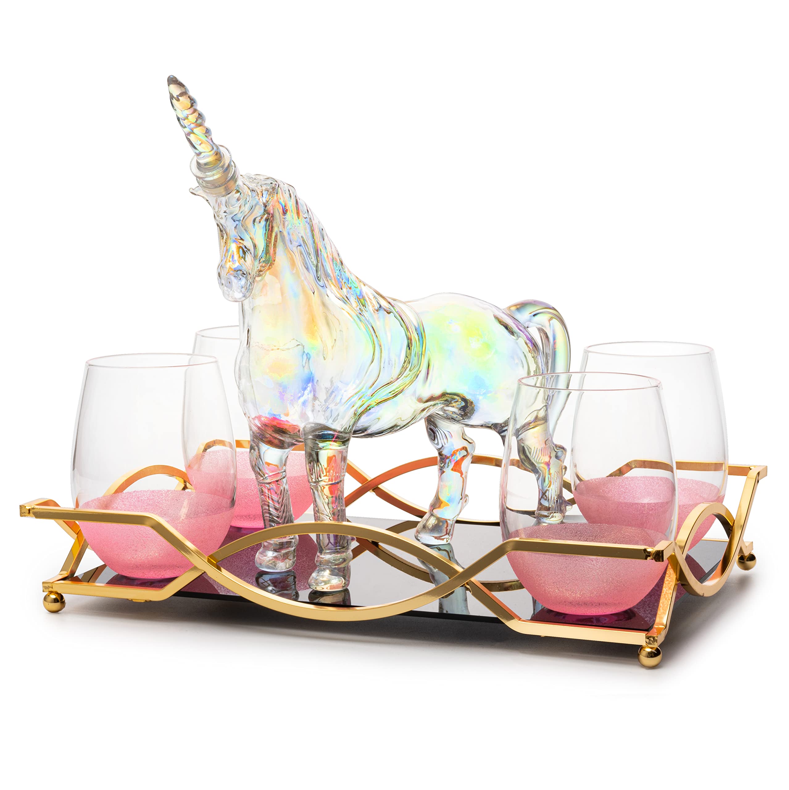 Iridescent Unicorn Wine Whiskey Decanter Set - 750ml Glass Decanter with 4 Pink Sparkle Glasses for Wine, Whiskey, Scotch, Tequila & Cocktails - Perfect for Unicorn Themed Parties, Bridal Showers & Unique Gifts - 14