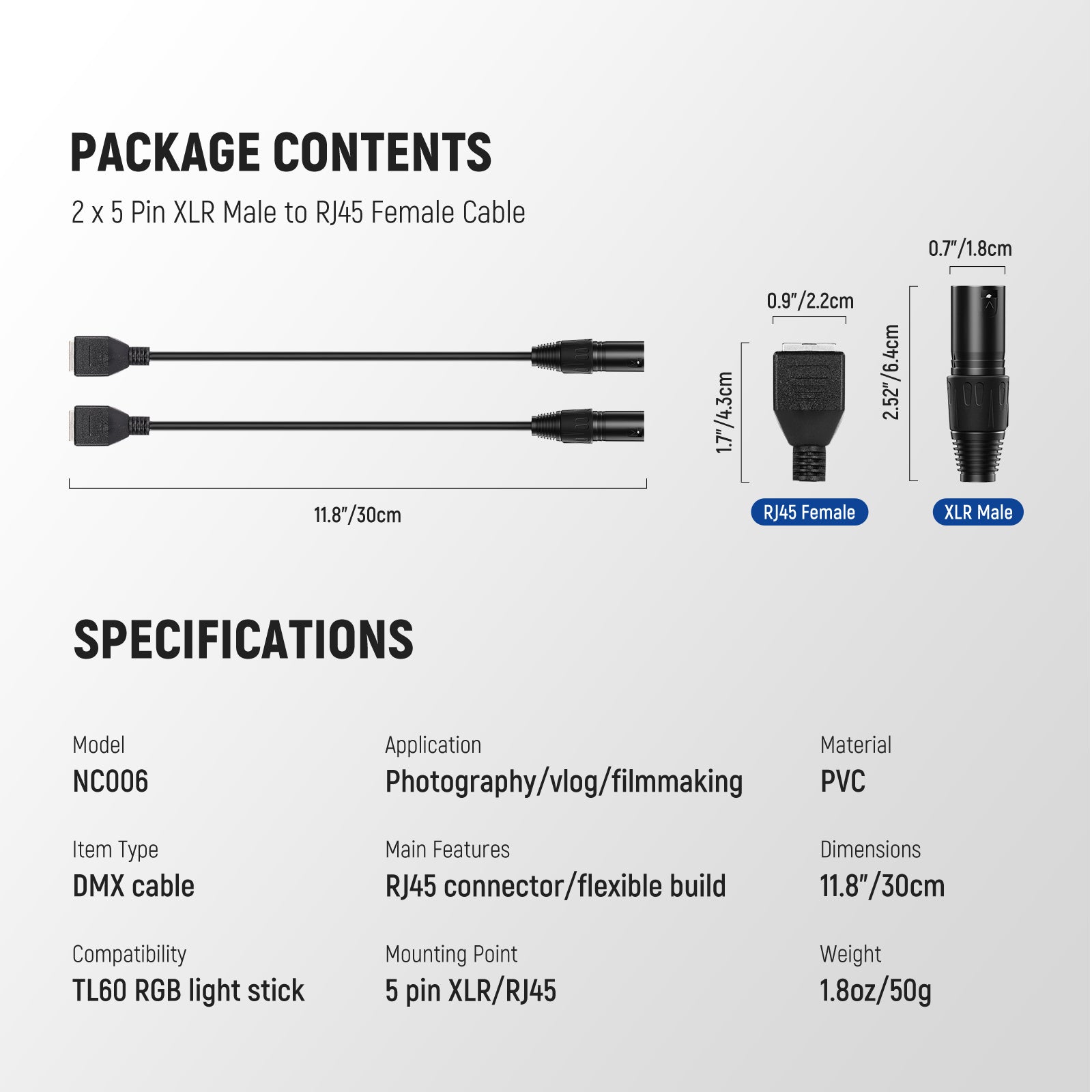 NEEWER 2-Pack NC006 5-Pin DMX XLR Male to RJ45 Female Cable for Stage Lighting & Audio Equipment - Perfect for DJ, Concert, and Theater Setups