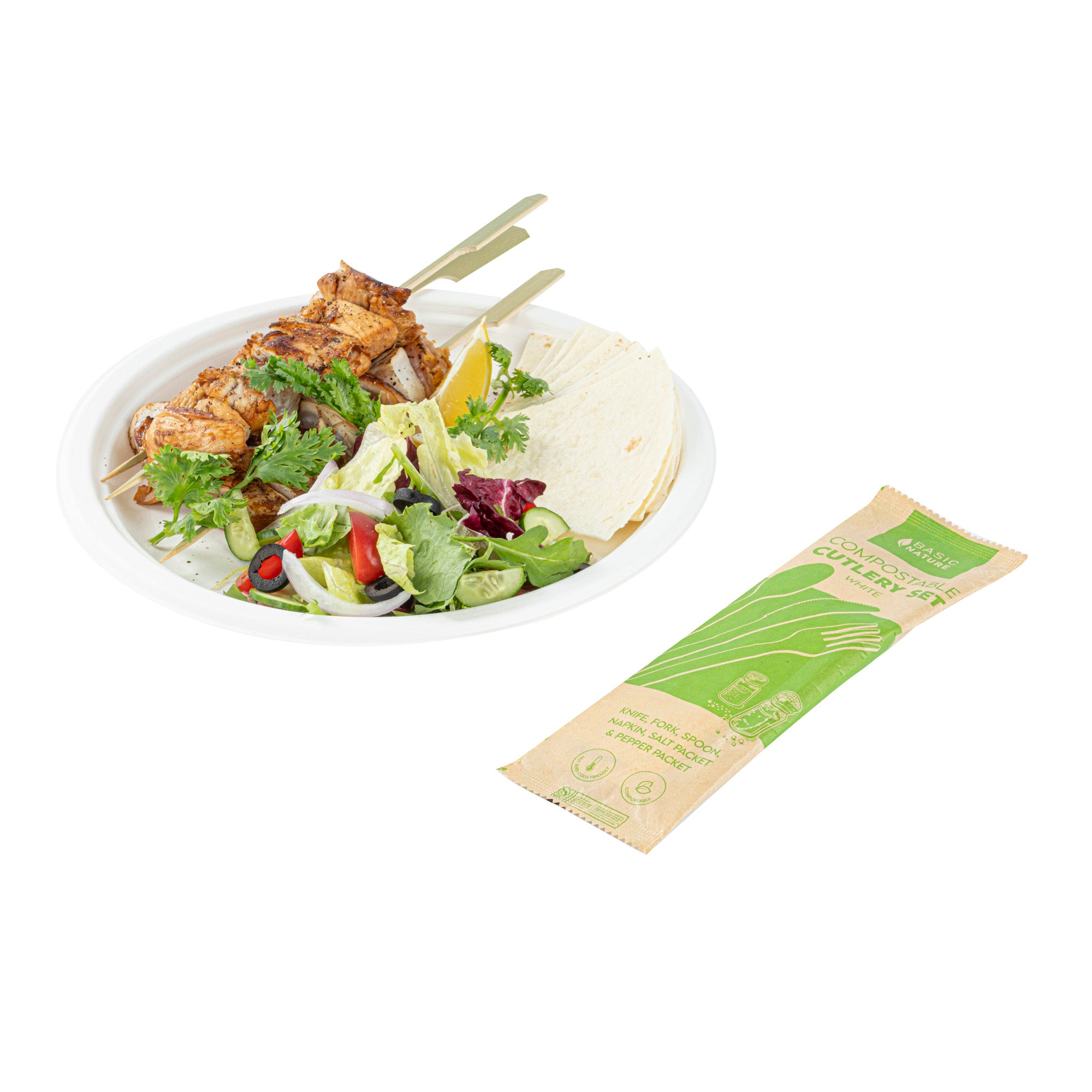 Eco-Friendly Compostable White PLA Plastic Cutlery Set with Napkins & Salt/Pepper Packets - 500 Count Box (6.25