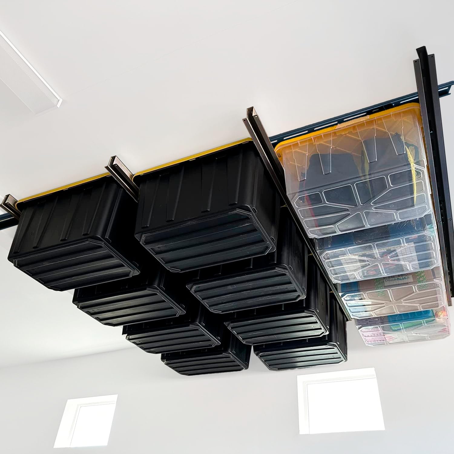 Heavy Duty Adjustable Garage Ceiling Storage Rack - Overhead Tote Slide Rail System for Garage Organization | Black (MR0001) | Perfect for Storing Bins, Seasonal Items & Sports Equipment