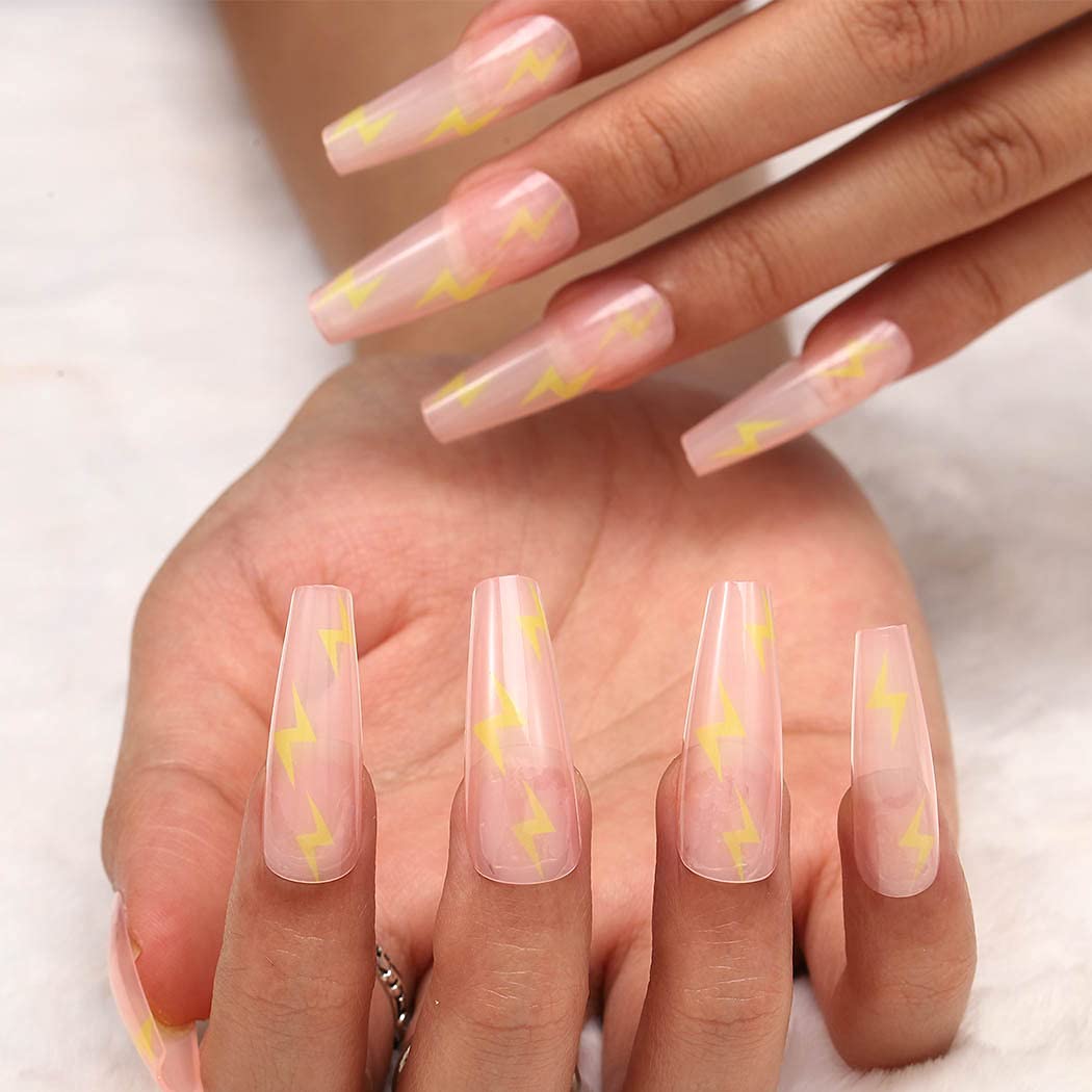 Extra Long Coffin Press on Nails - 24pcs Glossy Acrylic Fake Nails with Elegant Designs for Women & Girls | Ballerina False Nails for Parties, Weddings, and Special Occasions (Lightning Style)