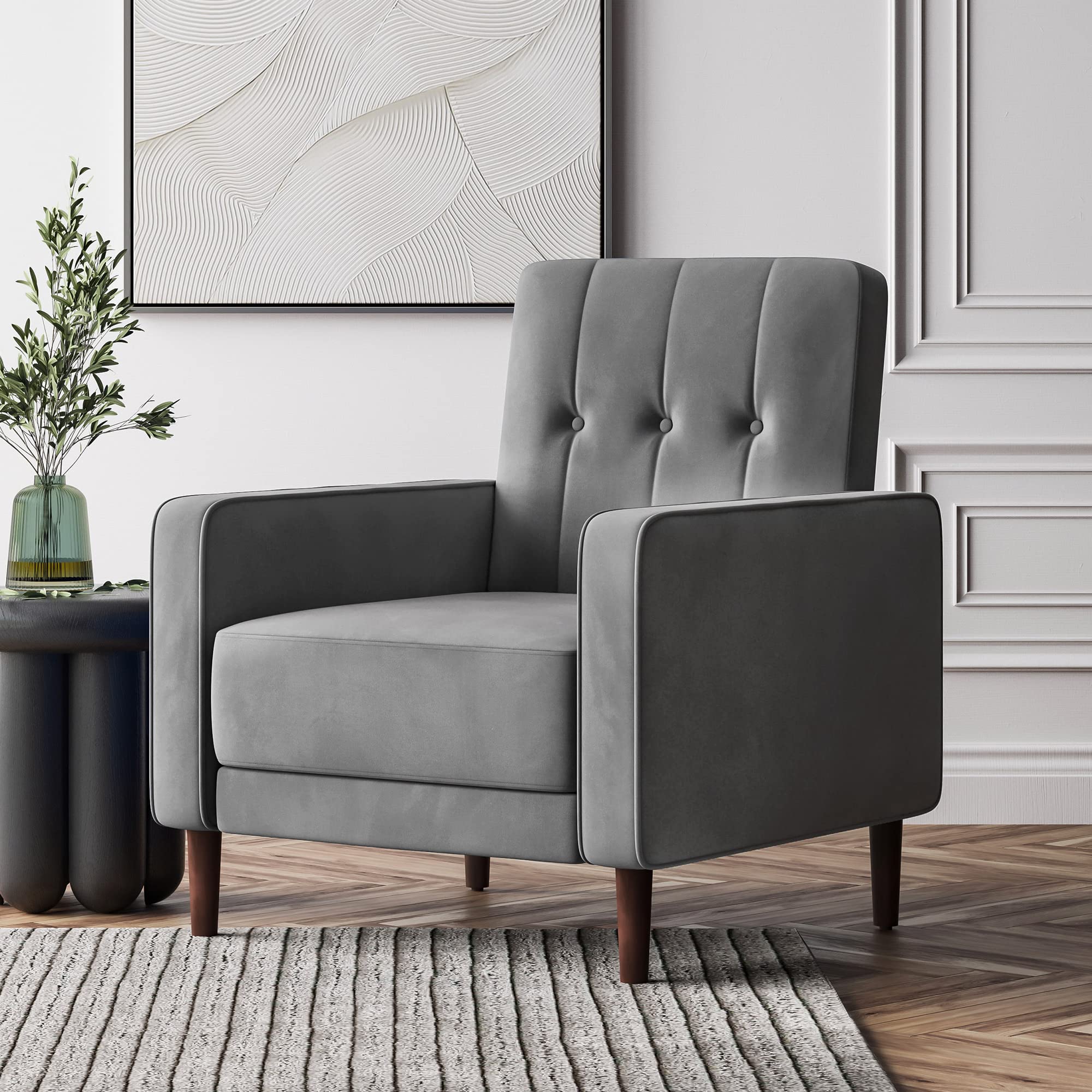 BELLEZE Mid Century Modern Accent Chair - Velvet Upholstered Armchair with Button Tufted Back, Comfortable Lounge Reading Chair for Living Room, Bedroom, Office - Valencia Gray (Perfect for Small Spaces & Home Decor)