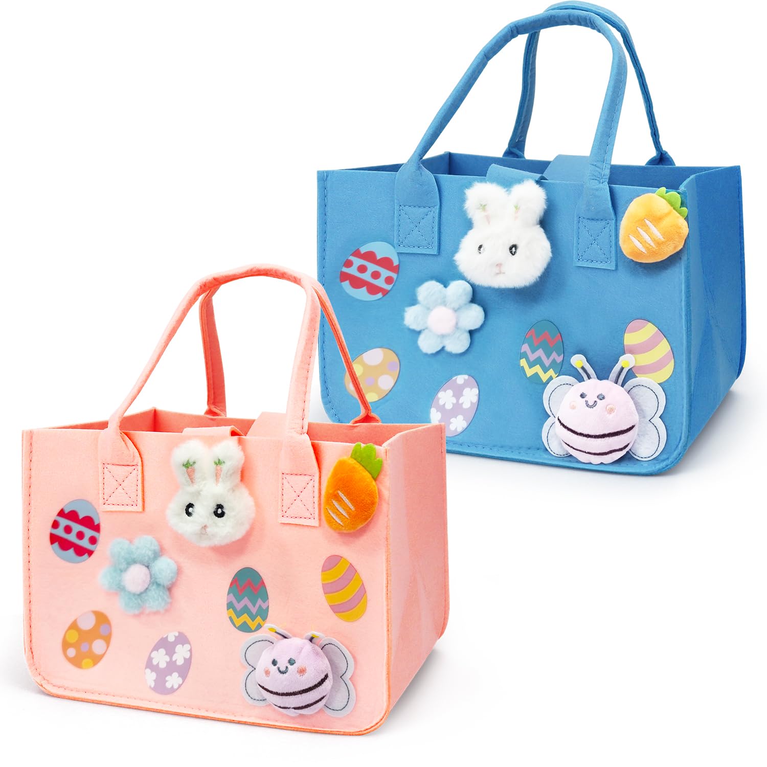 Aviski 2-Pack Easter Egg Hunt Bags with Handles - Pastel Pink & Light Blue Felt Easter Bunny Gift Bags (12