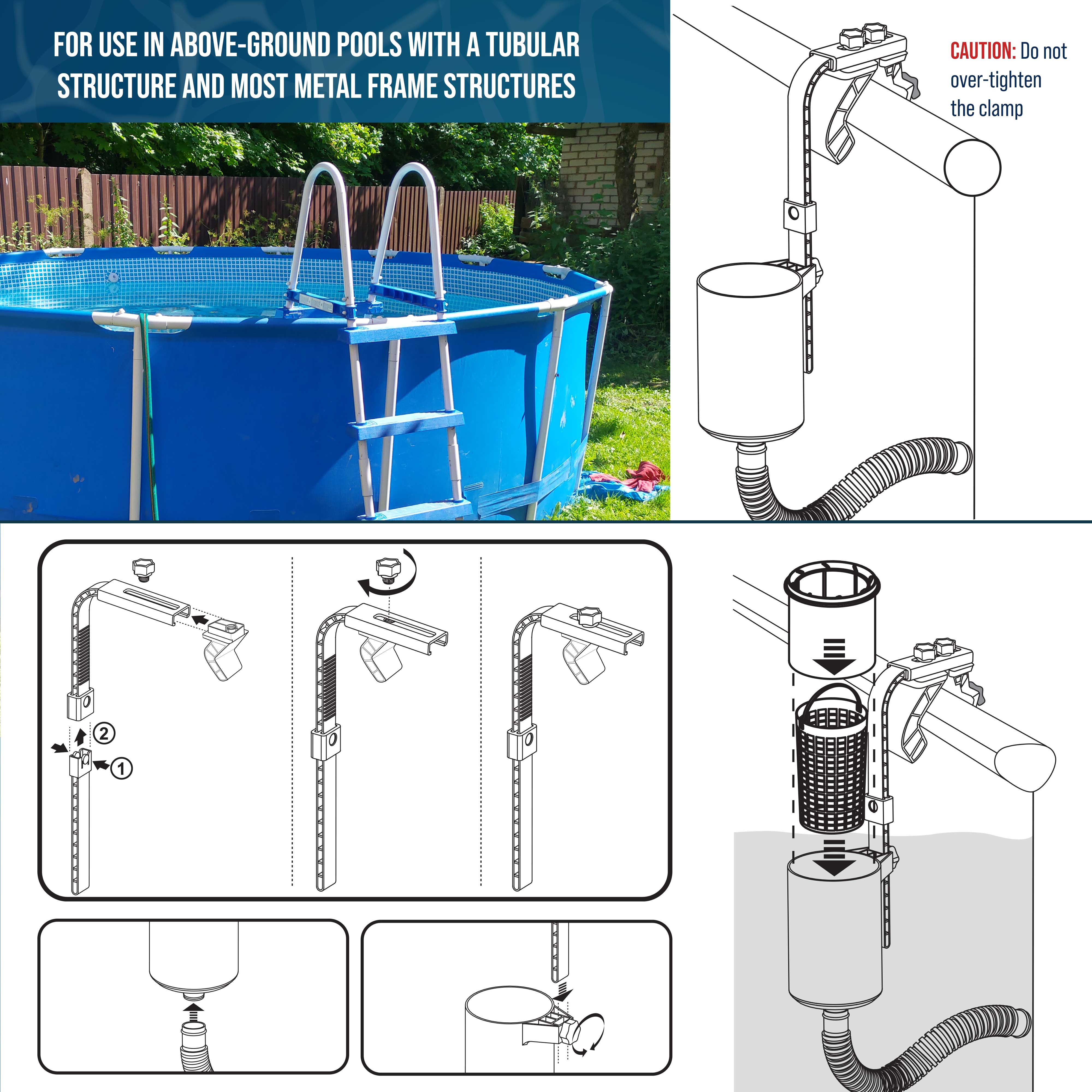 Floating Pool Skimmer for Above Ground Pools - 5 Adapter Kit with Debris Basket | Wall Mount & Inflatable Collar Compatible | Perfect for Metal Frame & Tubular Pools | Keep Your Pool Clean All Season