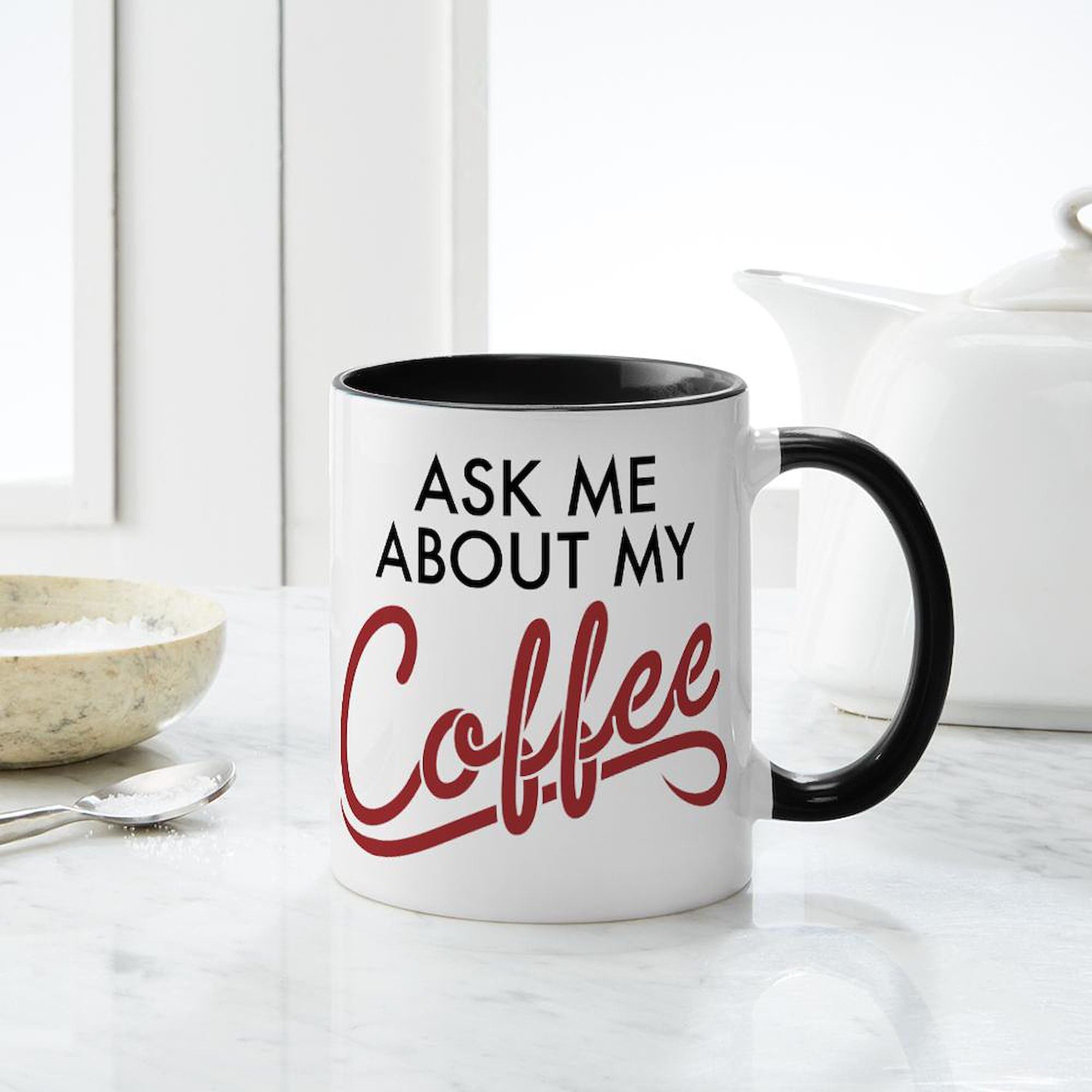 Ask Me About My Coffee - 11 oz (325 ml) Ceramic Coffee Mug for Office, Home & Gifts | Funny Novelty Coffee Cup for Tea Lovers & Coffee Enthusiasts