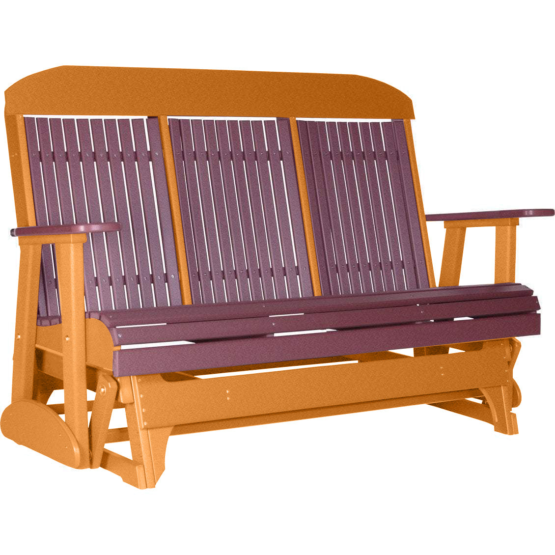 LuxCraft 5ft Cherry Wood Recycled Plastic Highback Outdoor Glider Bench with Cup Holder - Patio, Garden, Porch Swing for Relaxing & Lounging