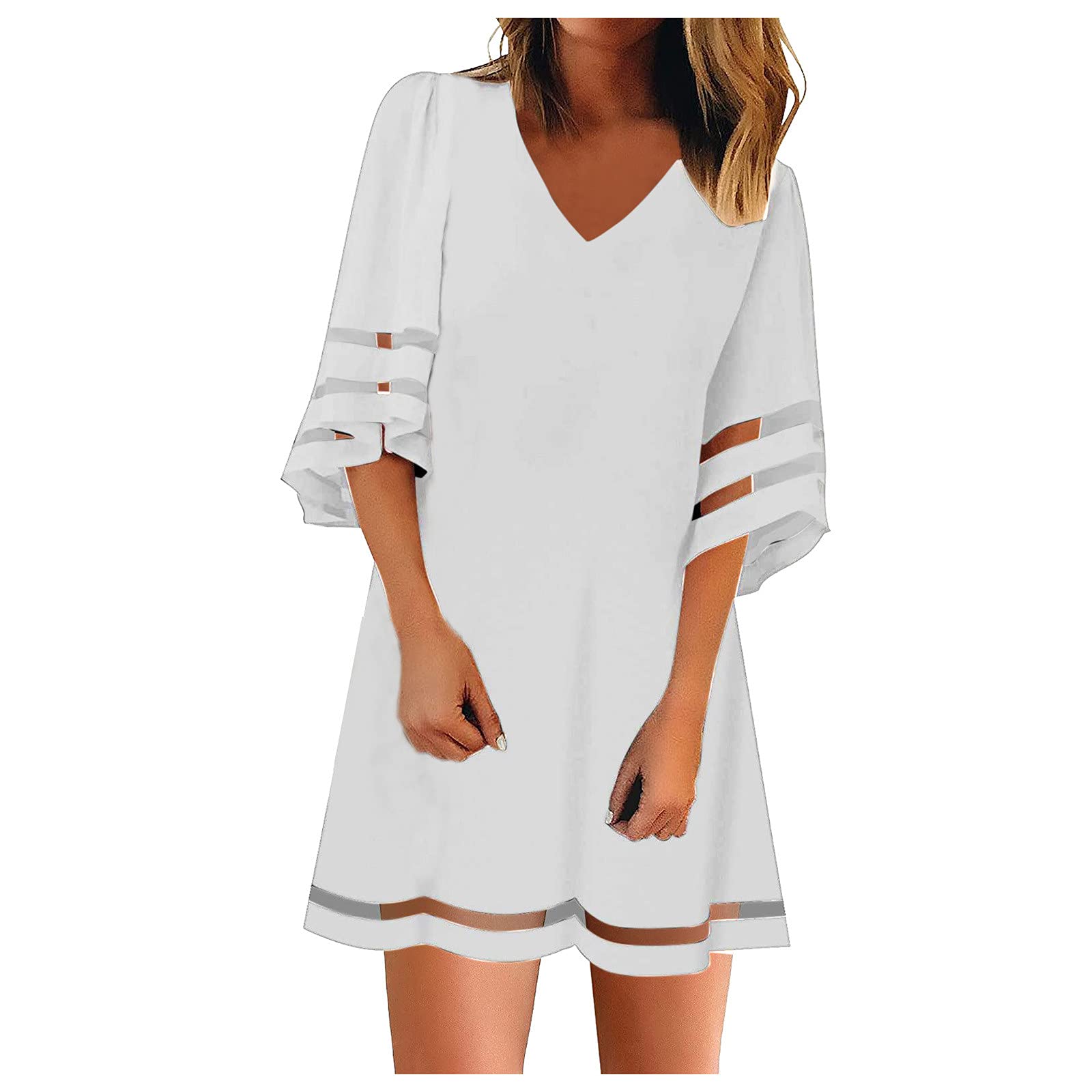 Short Sleeve Maxi Dress - Crewneck Patchwork Bell Tunic Mesh A-Line Junior Skater Dress for Teen Girls | White | Perfect for Summer Outfits, Beach Vacations & Casual Wear