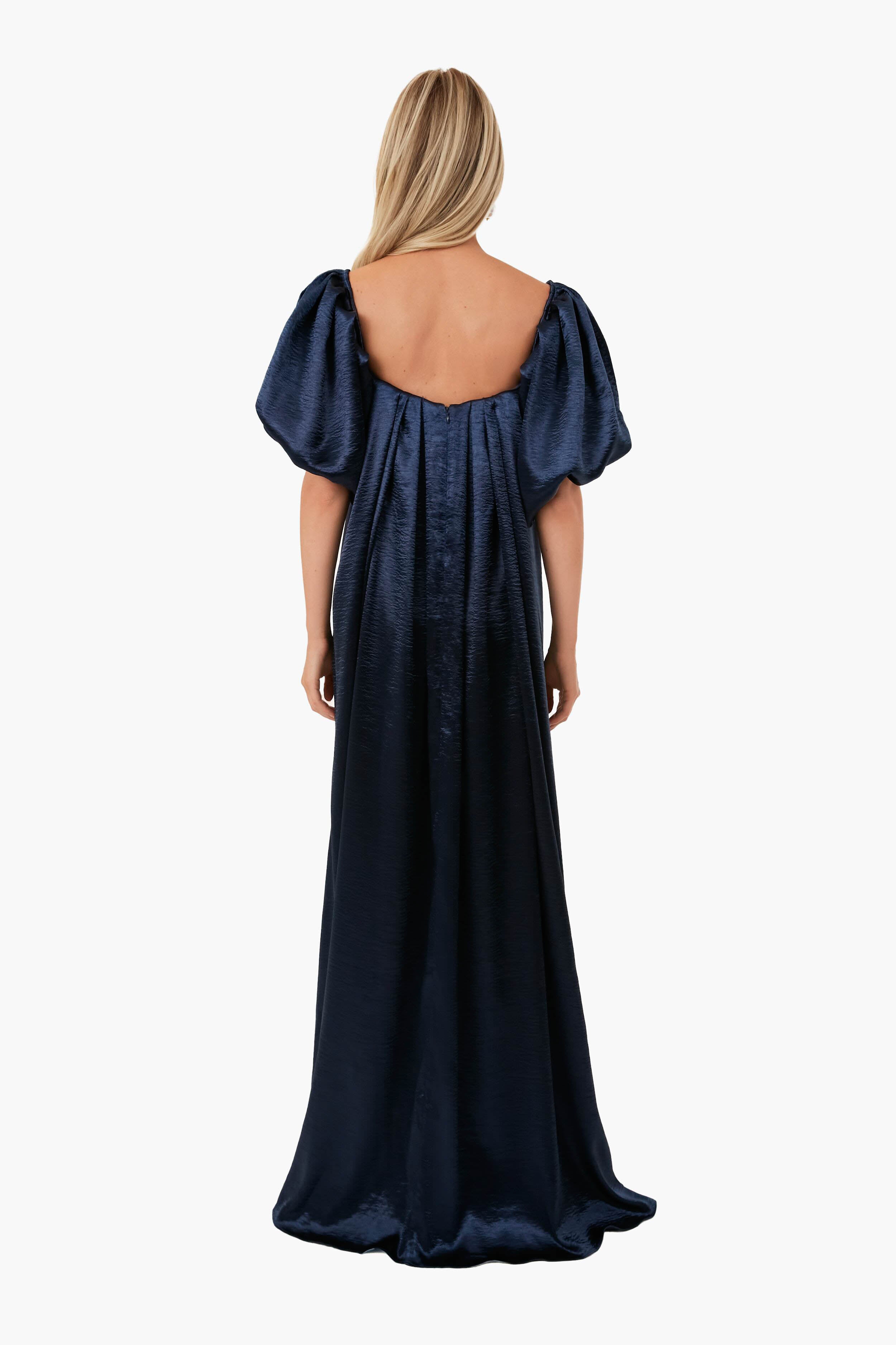 Blue Glossy Palmer Maxi Dress for Women - Elegant Long Sleeve Party Gown for Evening Events, Weddings & Special Occasions