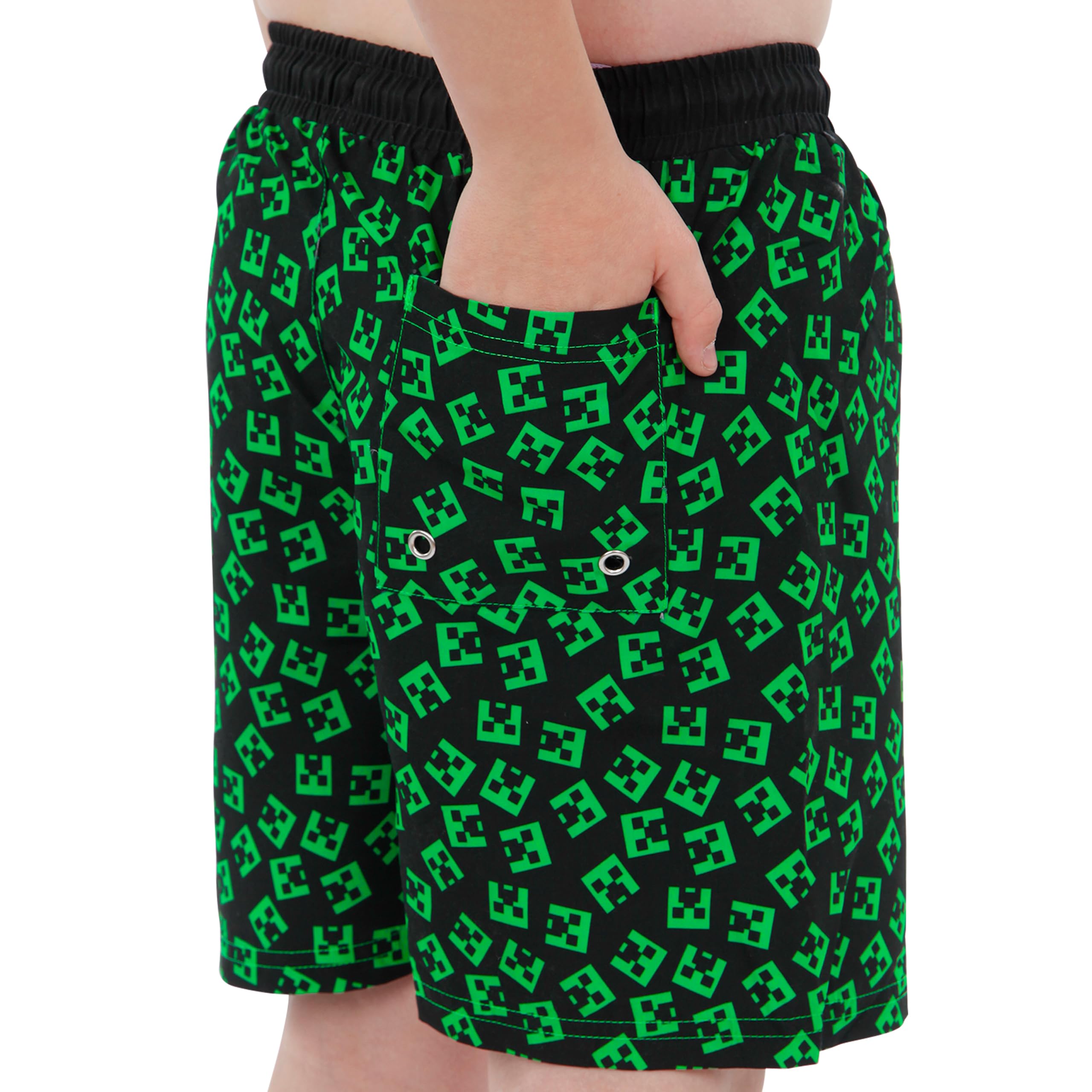 **Boys' Minecraft Creeper Swim Shorts - Quick-Dry Swim Trunks for Kids - Perfect for Pool, Beach & Summer Water Activities**