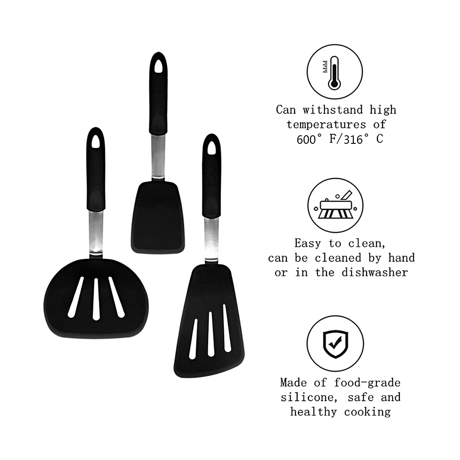 3-Pack Heat Resistant Silicone Spatulas (600°F) - Nonstick Cookware Turner, Fish Spatula, Pancake & Egg Flipper - Dishwasher Safe Kitchen Utensils for Baking, Frying, and Cooking - Easy to Clean