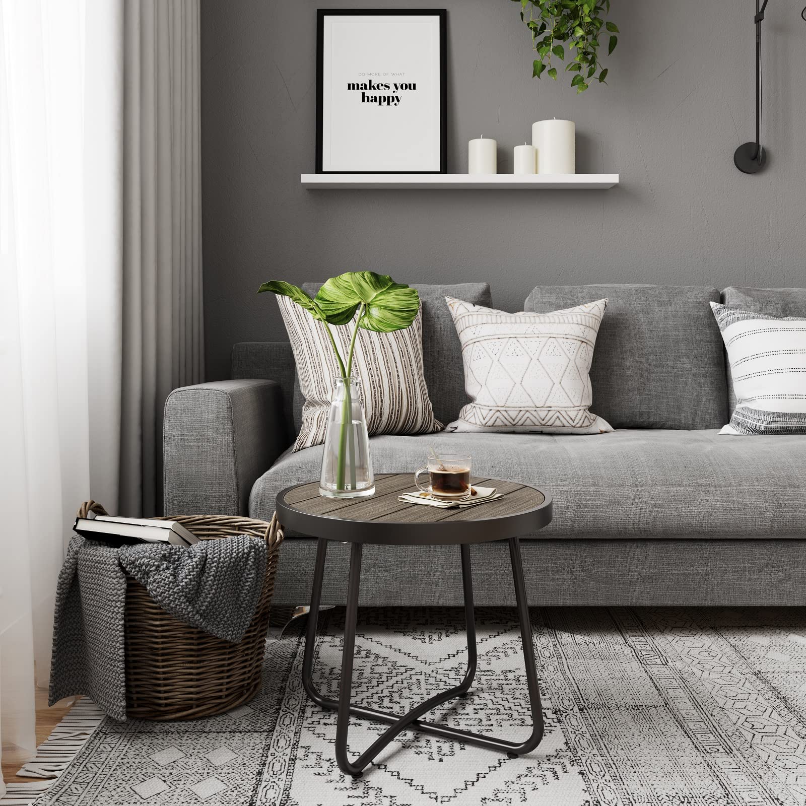 Outdoor Round Side Table with Imitation Wood Tabletop - Dark Grey Patio End Table for Garden, Deck, and Poolside Relaxation