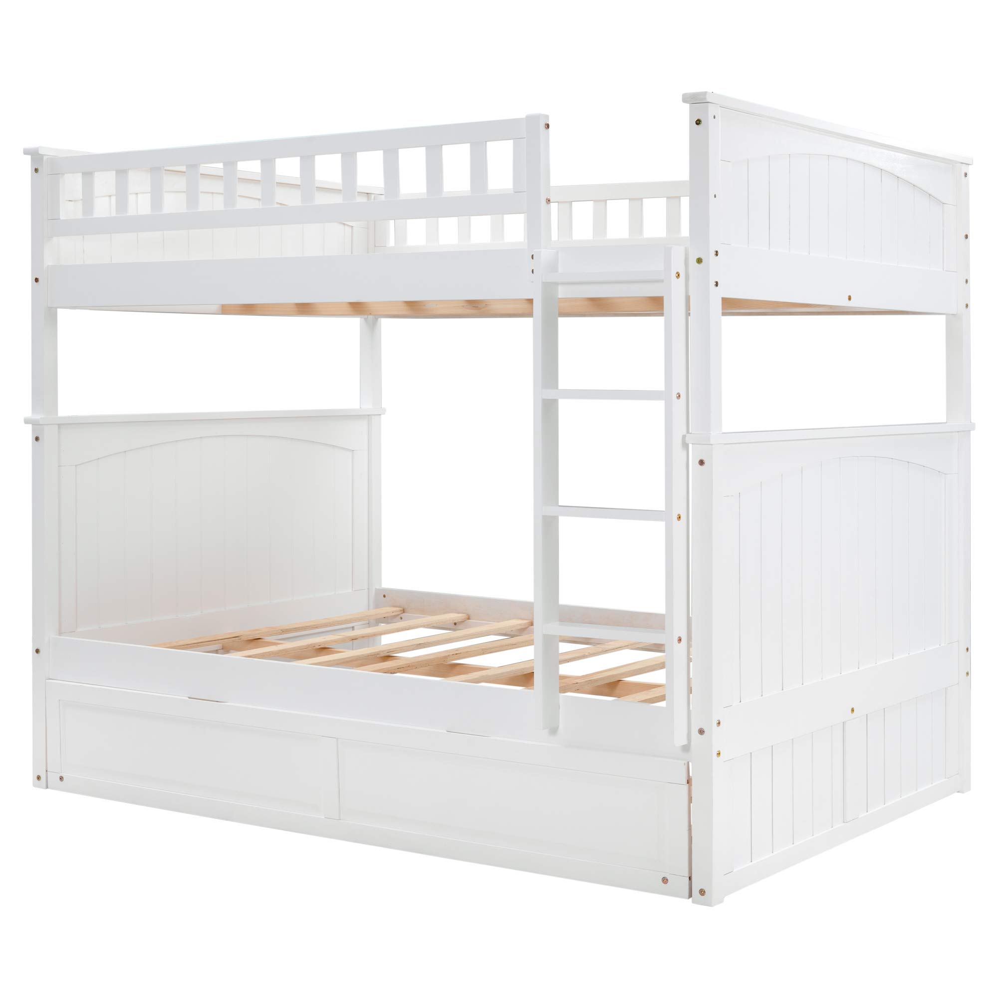 JULYFOX White Full Over Full Bunk Bed Frame with Twin Trundle - Solid Hardwood Platform Bed with Ladder, No Box Spring Needed - Space Saving Bunk Bed for Kids, Teens & Small Rooms - Perfect for Dormitories, Guest Rooms & Vacation Homes