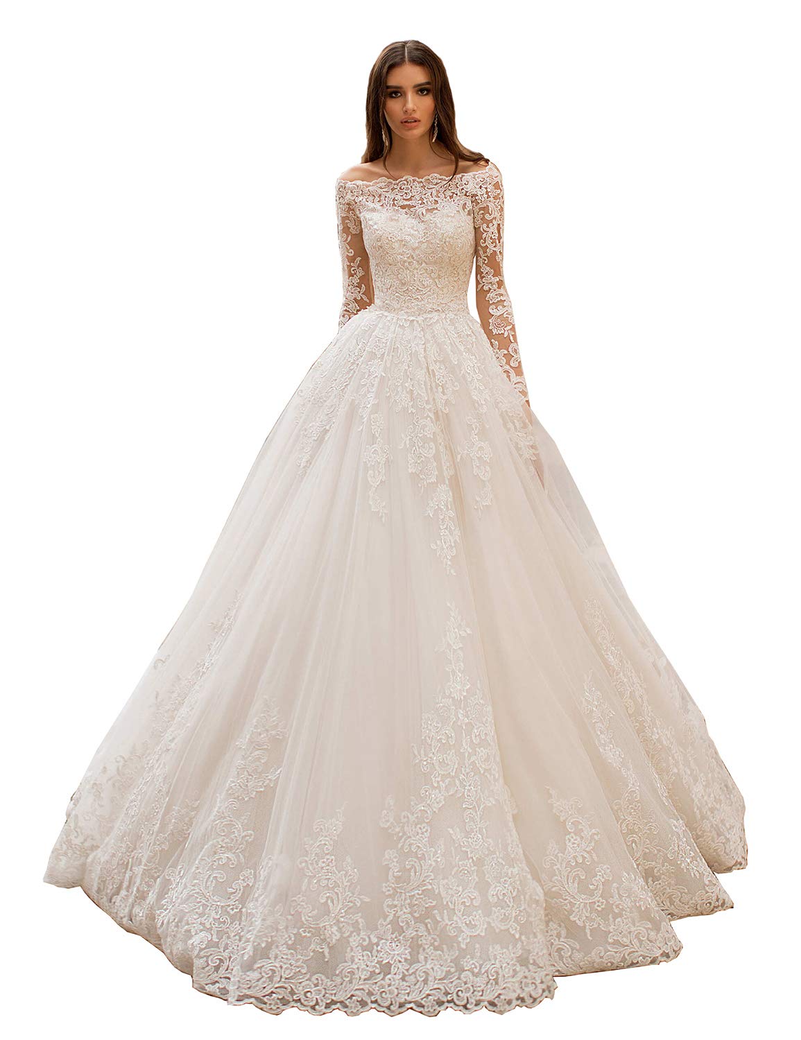 Elegant Off Shoulder Long Sleeve Lace Wedding Dress for Women - Ivory Beach Bridal Gown | Perfect for Beach Weddings, Princess-Themed Ceremonies & Romantic Photoshoots