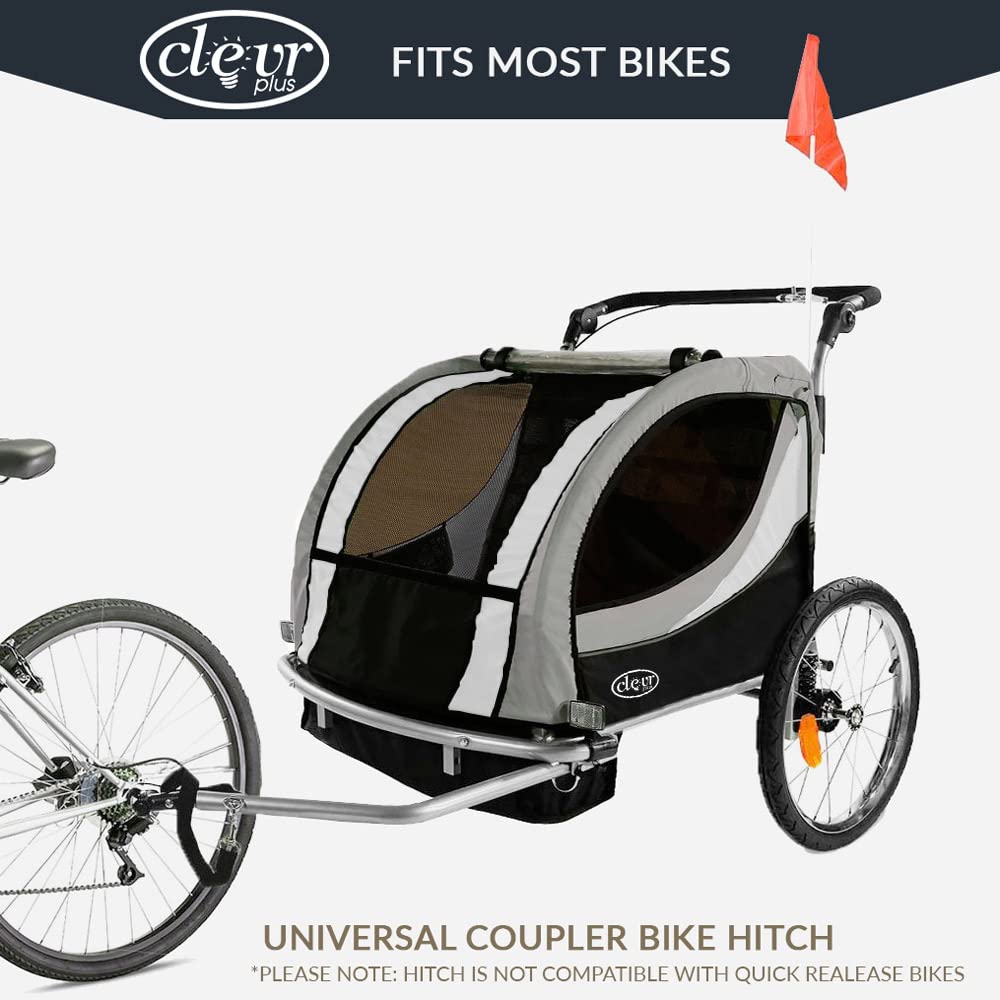 ClevrPlus Deluxe 3-in-1 Double Seat Bike Trailer & Jogging Stroller for Kids - Foldable Design with Pivot Front Wheel | Perfect for Cycling, Jogging & Outdoor Family Adventures
