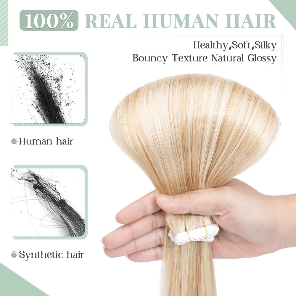 Premium 20-Piece Tape in Hair Extensions - 100% Remy Human Hair, 30g, Balayage Ash Blonde with Highlights - Seamless Straight Double-Sided 10-Inch Extensions for Natural Volume & Length - Perfect for Parties, Weddings & Everyday Styling