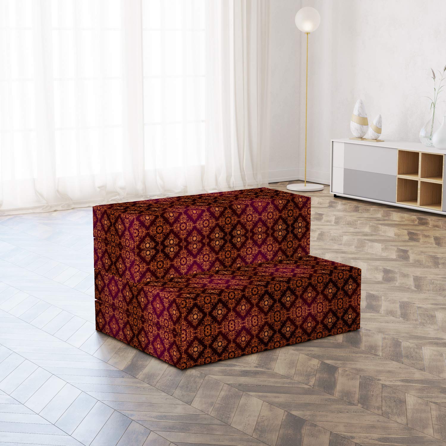 Ambesonne Foldable Mattress | Victorian Damask Pattern in Orange, Magenta & Black | 74.8
