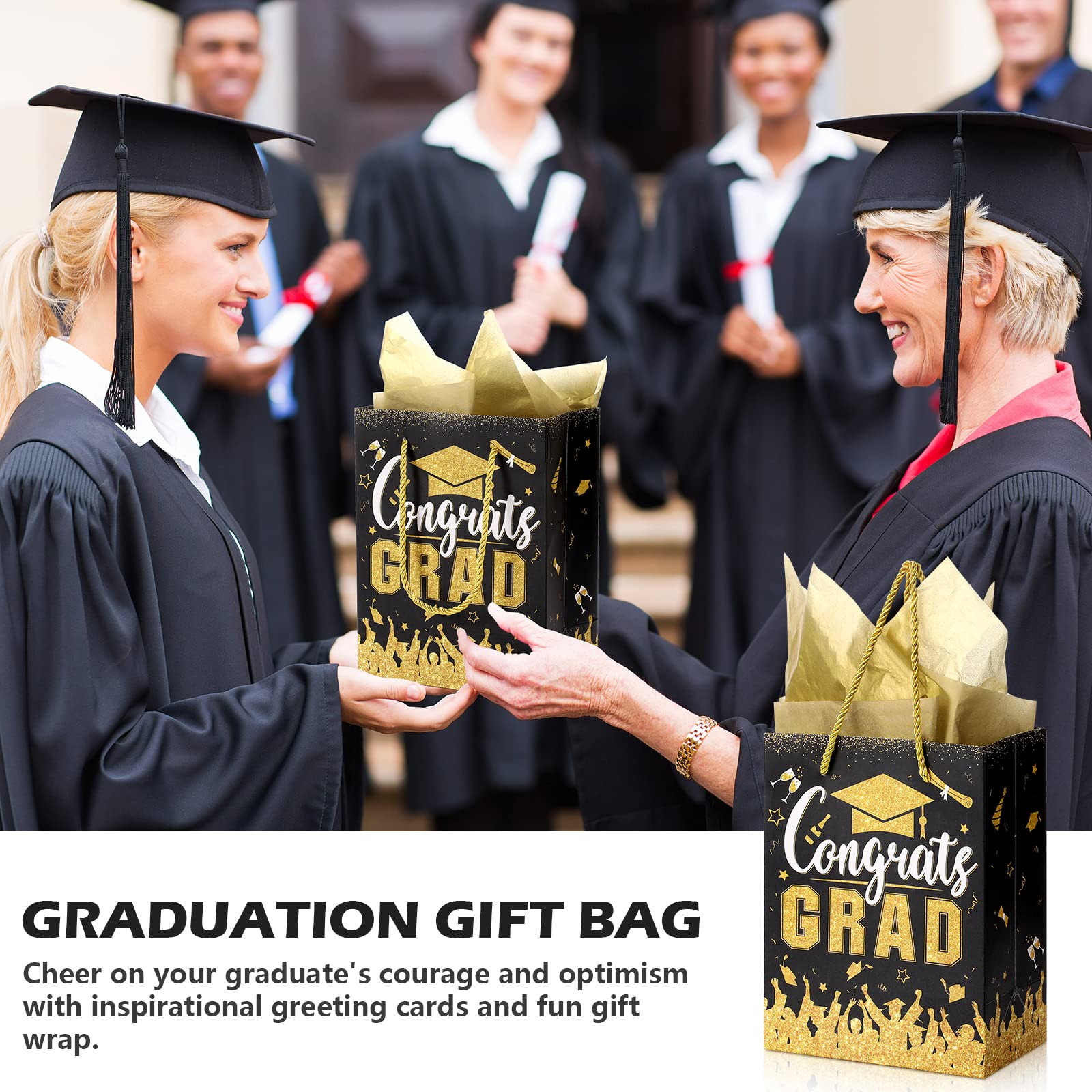 12 Pcs Graduation Gift Bags with Handles - Class of 2025 Party Favor Bags Bulk - Black Gold Tissue Paper Goodie Bags for Congrats Supplies - Perfect for Graduation Parties, School Events & Celebration Favors