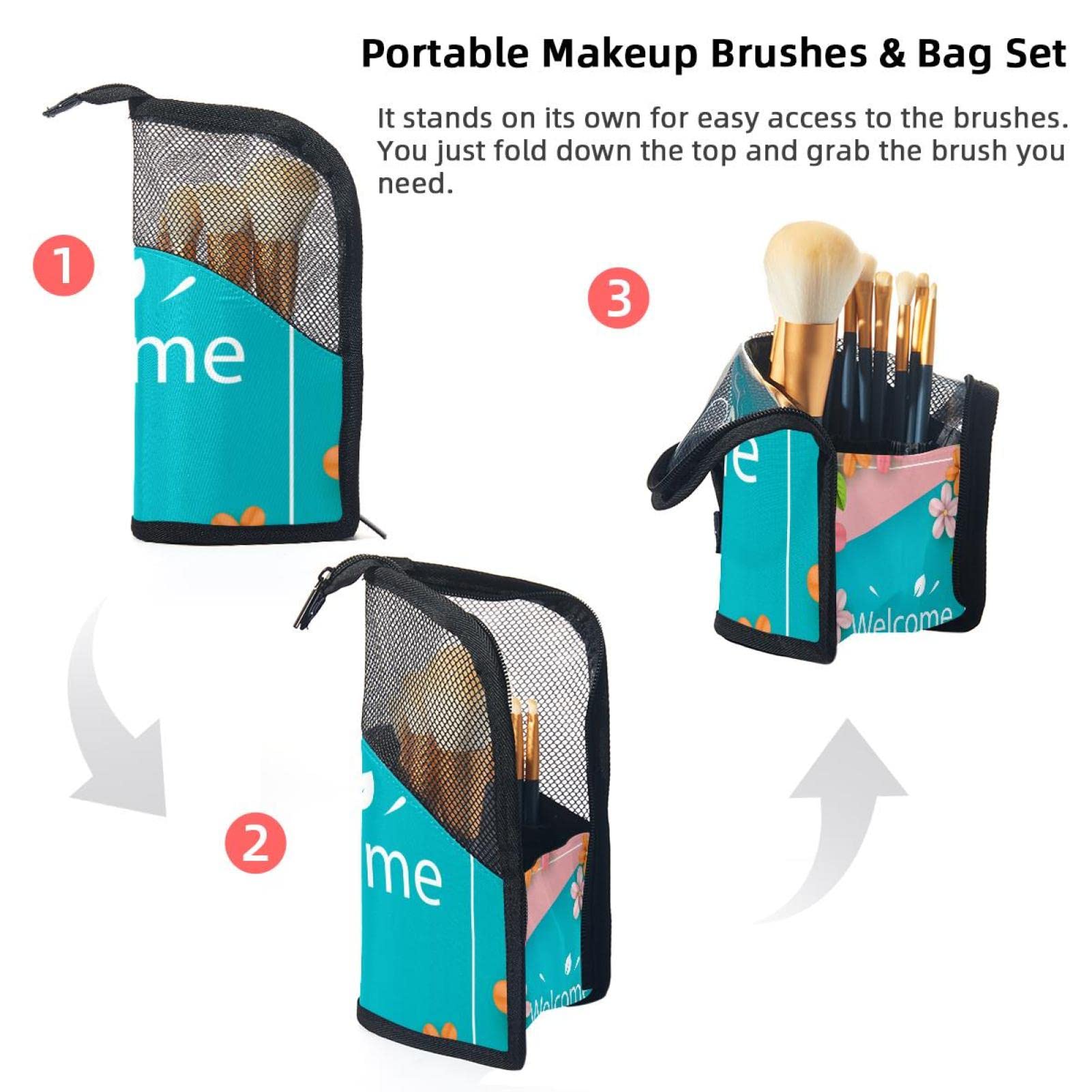 12-Piece Makeup Brush Organizer Bag with Welcome Flower Design - Portable Cosmetic Brush Holder Case for Travel & Home Storage
