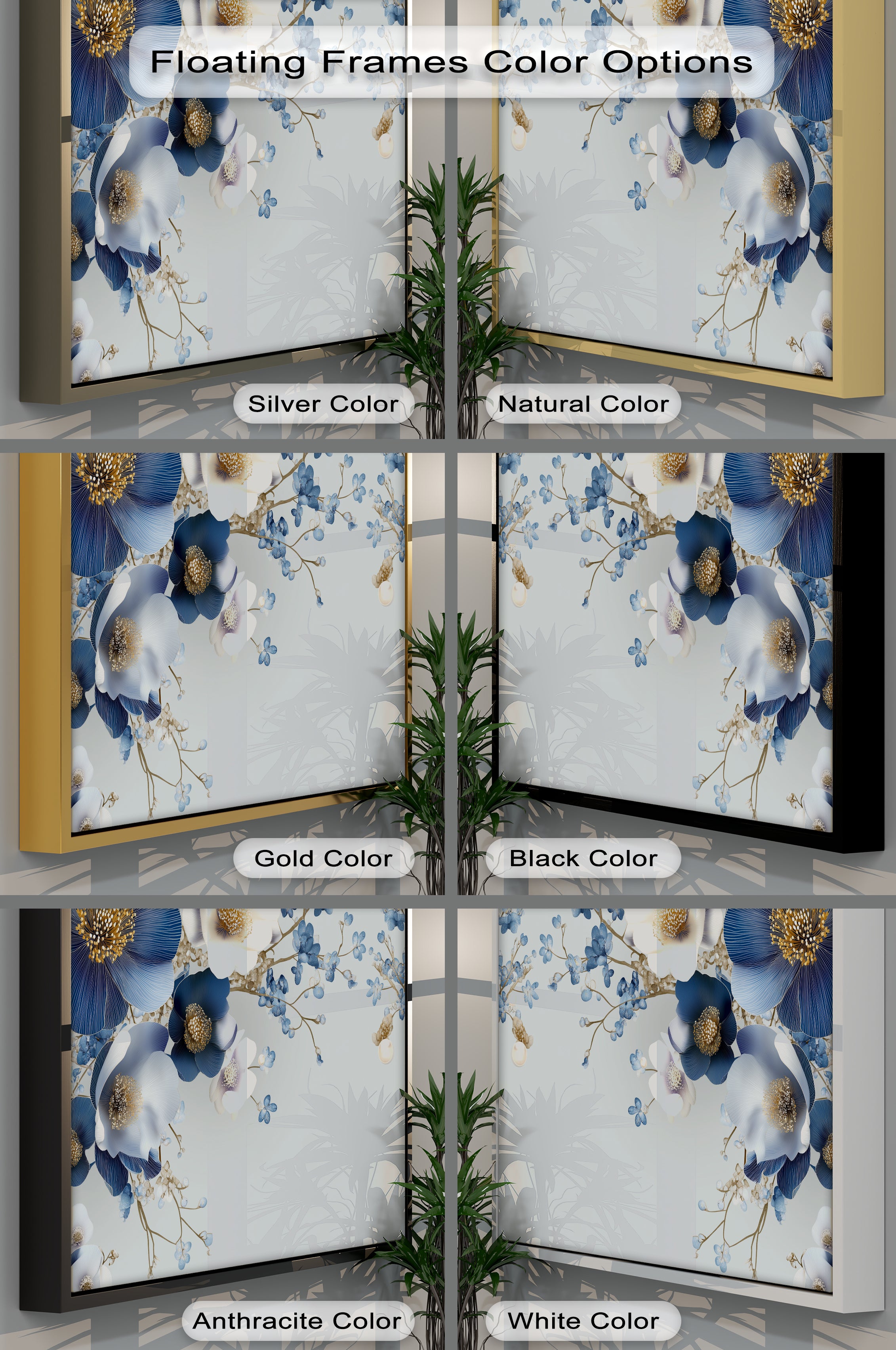 Blue and Ivory Floral Fantasy with Pearls Canvas Wall Art - Elegant Home Decor for Living Room, Bedroom & Office
