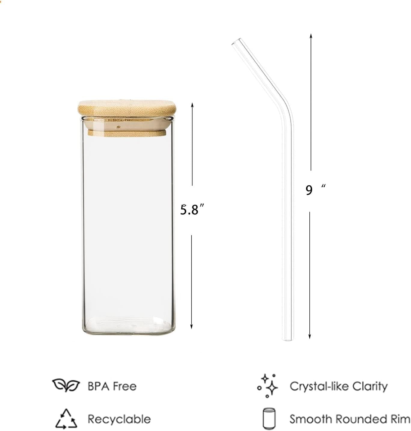 Sroxzy 350ml Mason Jars with Glass Straws & Airtight Wooden Lids - Reusable Drinking Glasses for Juice, Iced Tea, Smoothies, Beer & Cold Coffee - Perfect Travel Tumbler for Picnics, Office & Home Use - Pack of 1