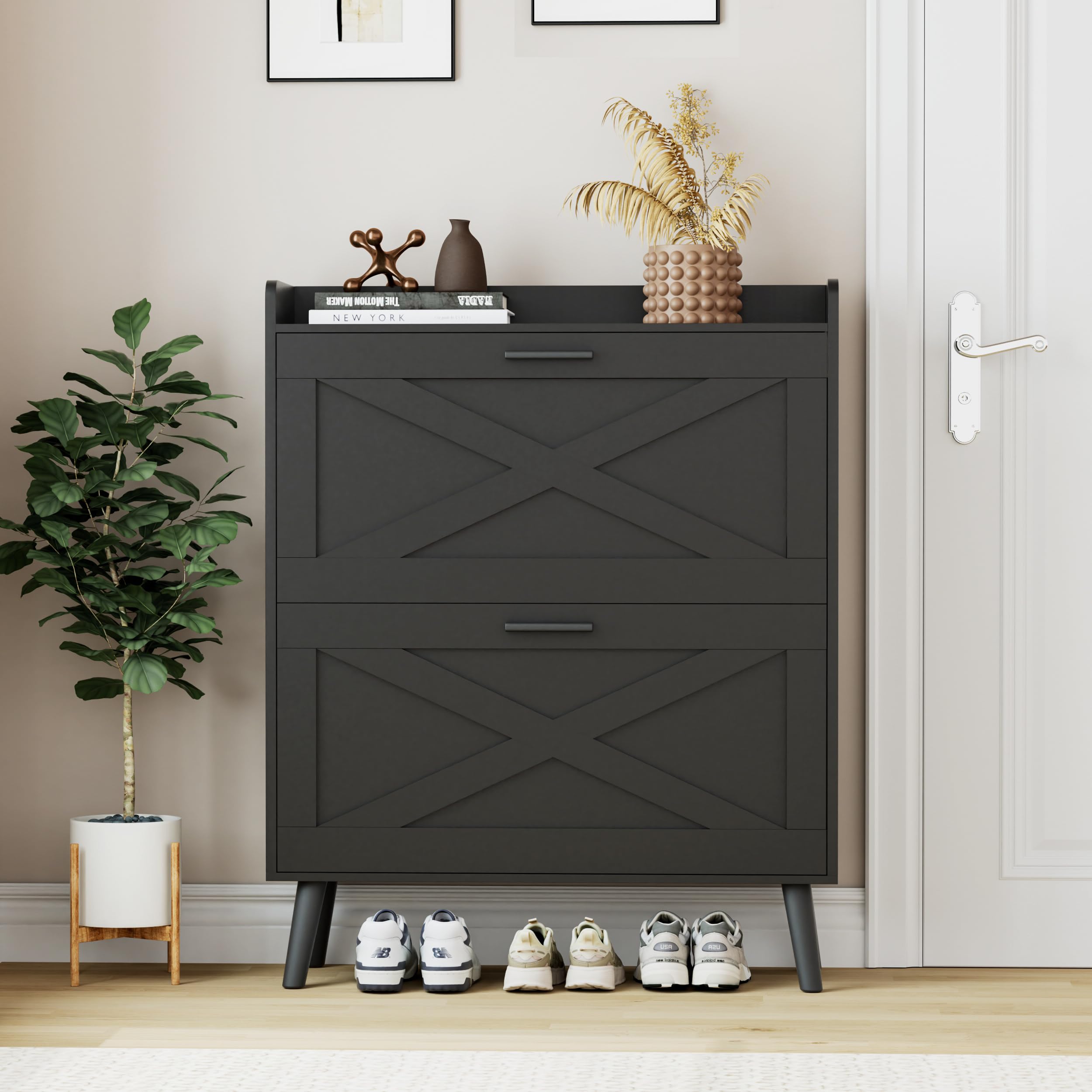 Farmhouse Shoe Storage Cabinet with 2 Flip Drawers & Barn Door Design - Adjustable Shelves Modern Hidden Slim Narrow Shoe Rack for Entryway, Foyer, Hallway - Perfect for Organizing Shoes in Small Spaces, Apartments & Mudrooms (Black)
