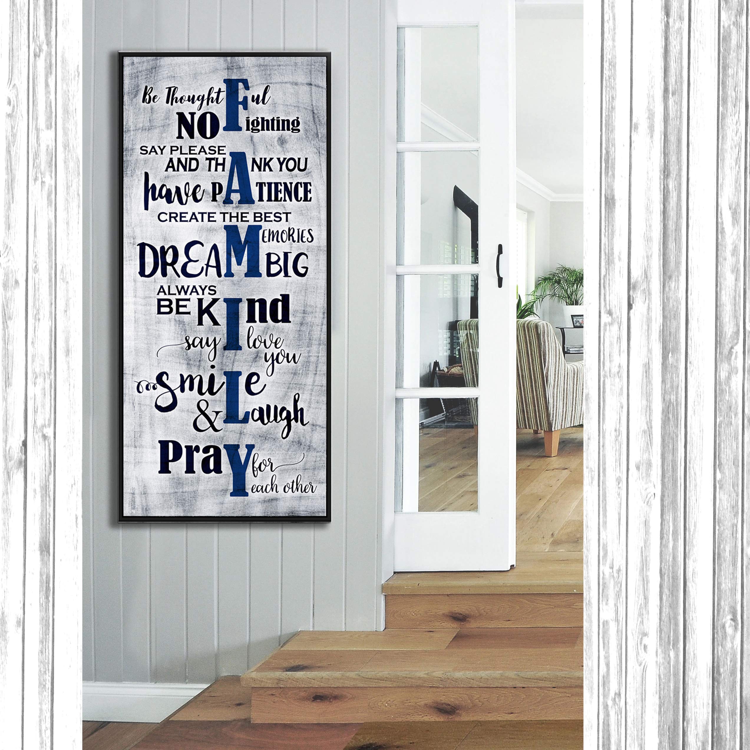 Farmhouse Family Sign Wall Art - Blue & Black Framed Canvas for Living Room Decor