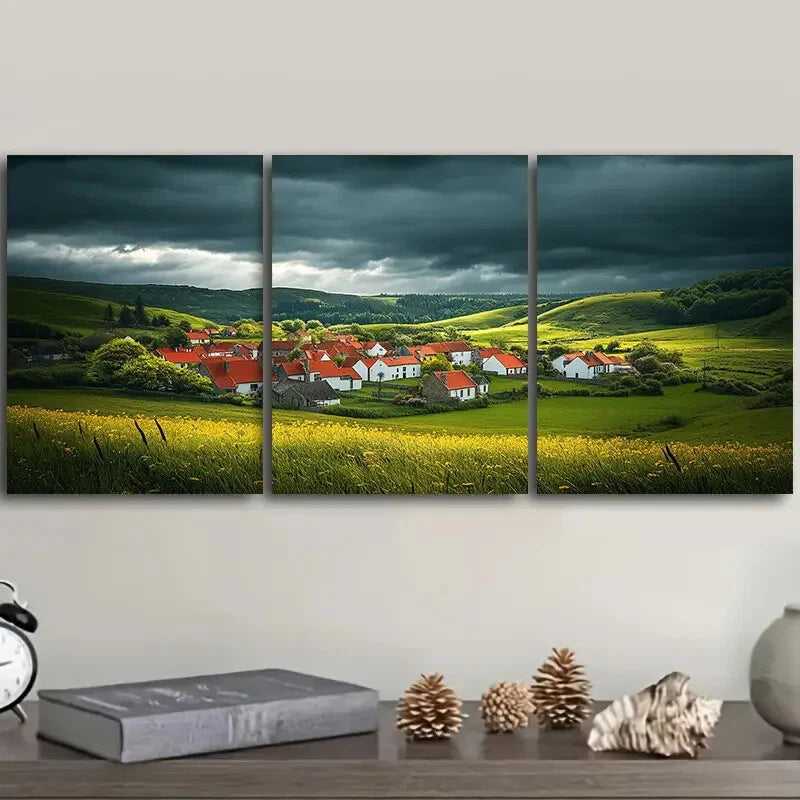 3-Piece Red Roof Village Wall Art Set - Framed Canvas Prints 40x60cm (16x24in) | High Quality Australian Made Home Decor | Perfect for Living Room, Bedroom or Office Decoration