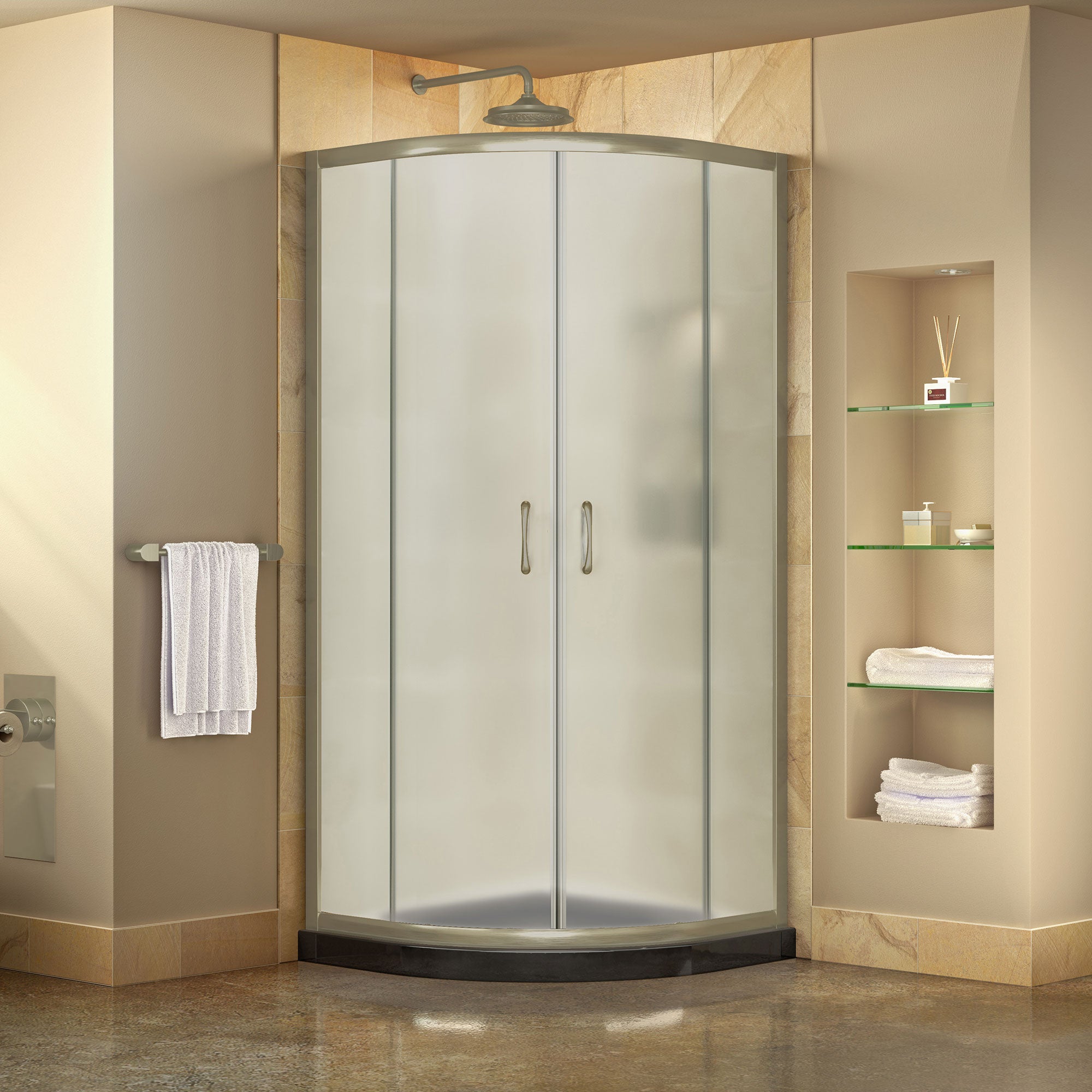 DreamLine Prime 38x38x74.75 Inch Corner Sliding Shower Enclosure Kit with SlimLine Shower Base - Frosted Glass for Bathroom Remodel & Spa-Like Shower Experience