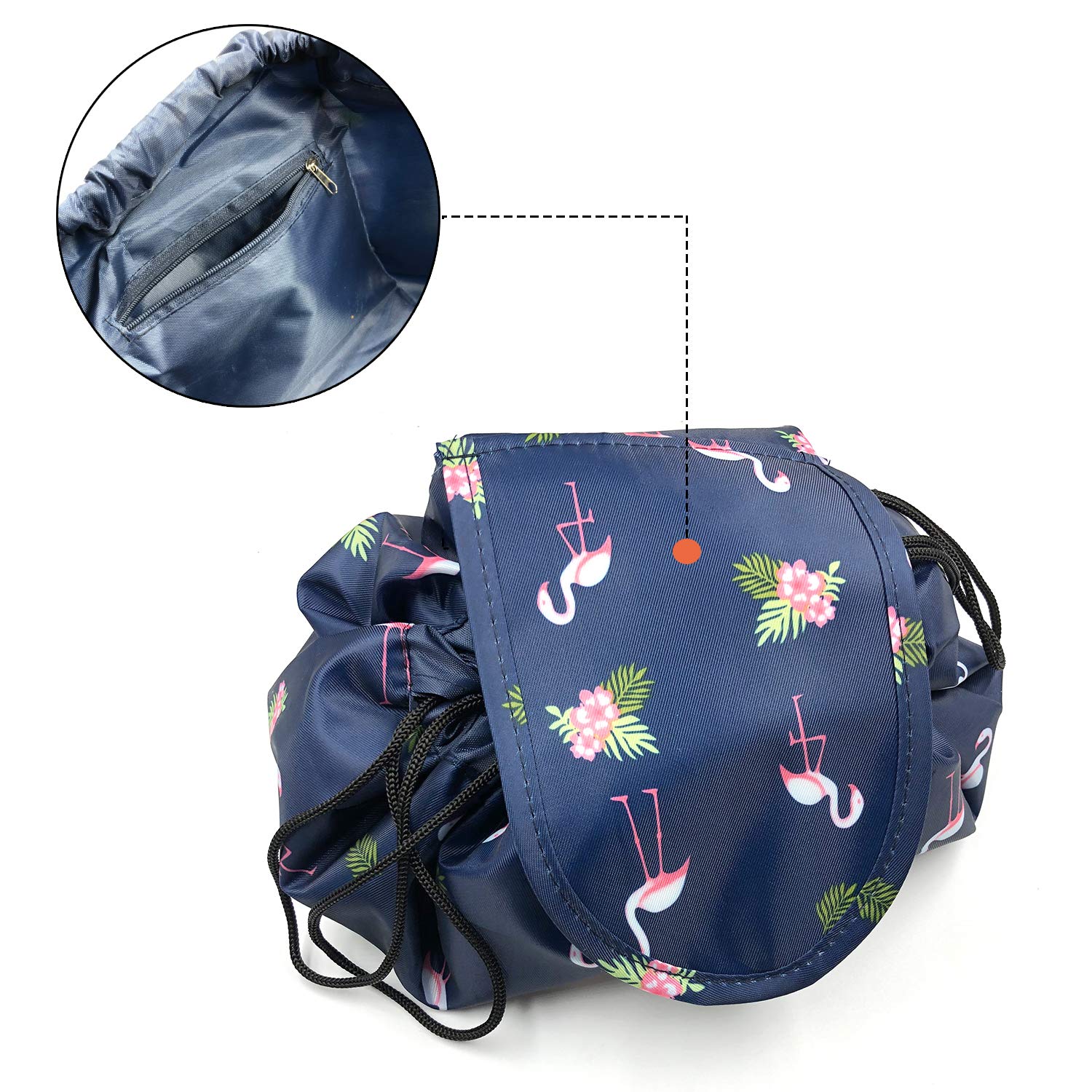 HINATAA Large Capacity Drawstring Makeup Bag - Waterproof Travel Cosmetic Organizer Pouch for Women, Flamingo Print - Perfect for Travel, Gym, Beach & Daily Storage