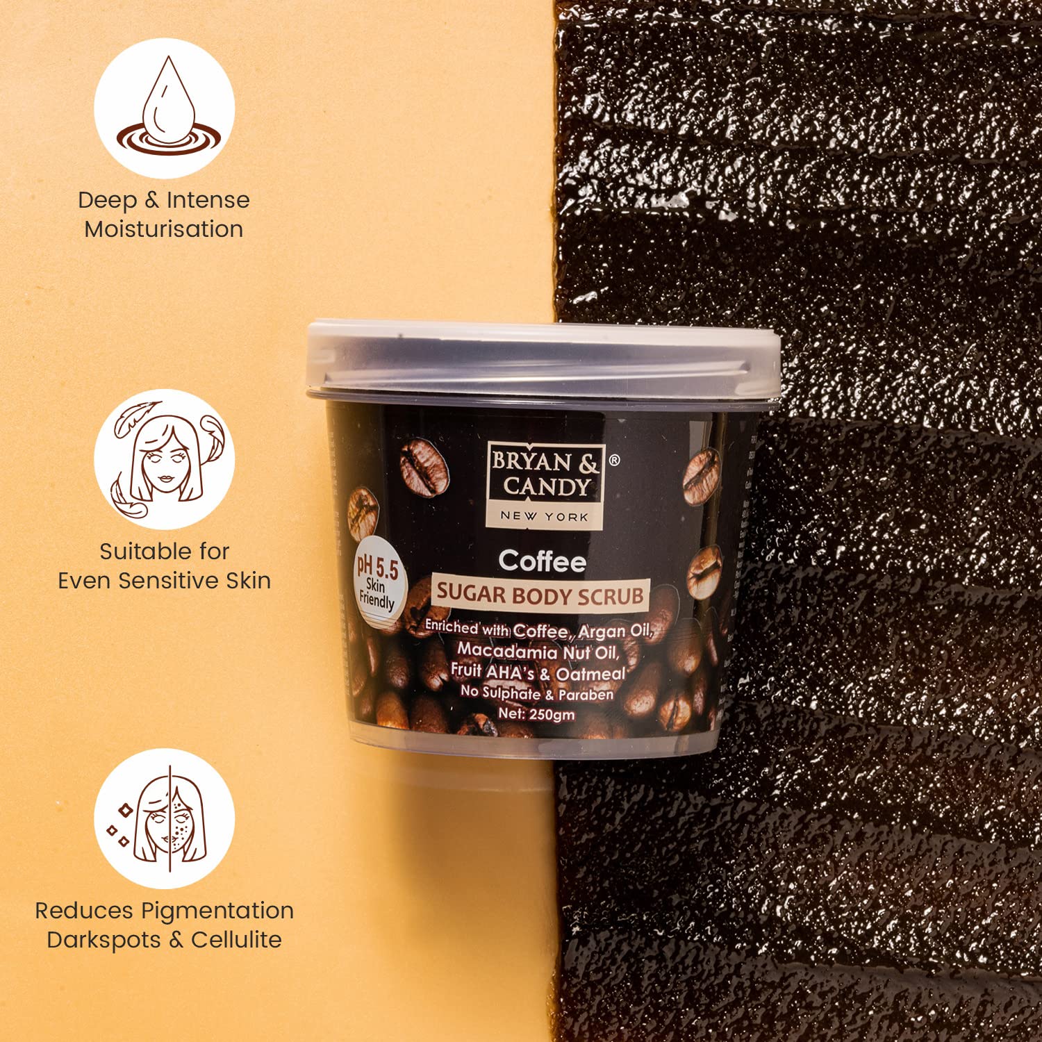 Bryan & Candy Coffee Sugar Body Scrub PH 5.5 - Exfoliating & Tan Removal for Women & Men | Enriched with Coffee, Macadamia & Argan Oil | Deep Cleansing for Neck, Knees, Elbows & Arms | 250g | Perfect for Post-Workout, Pre-Tanning & Spa Day Skincare Routine