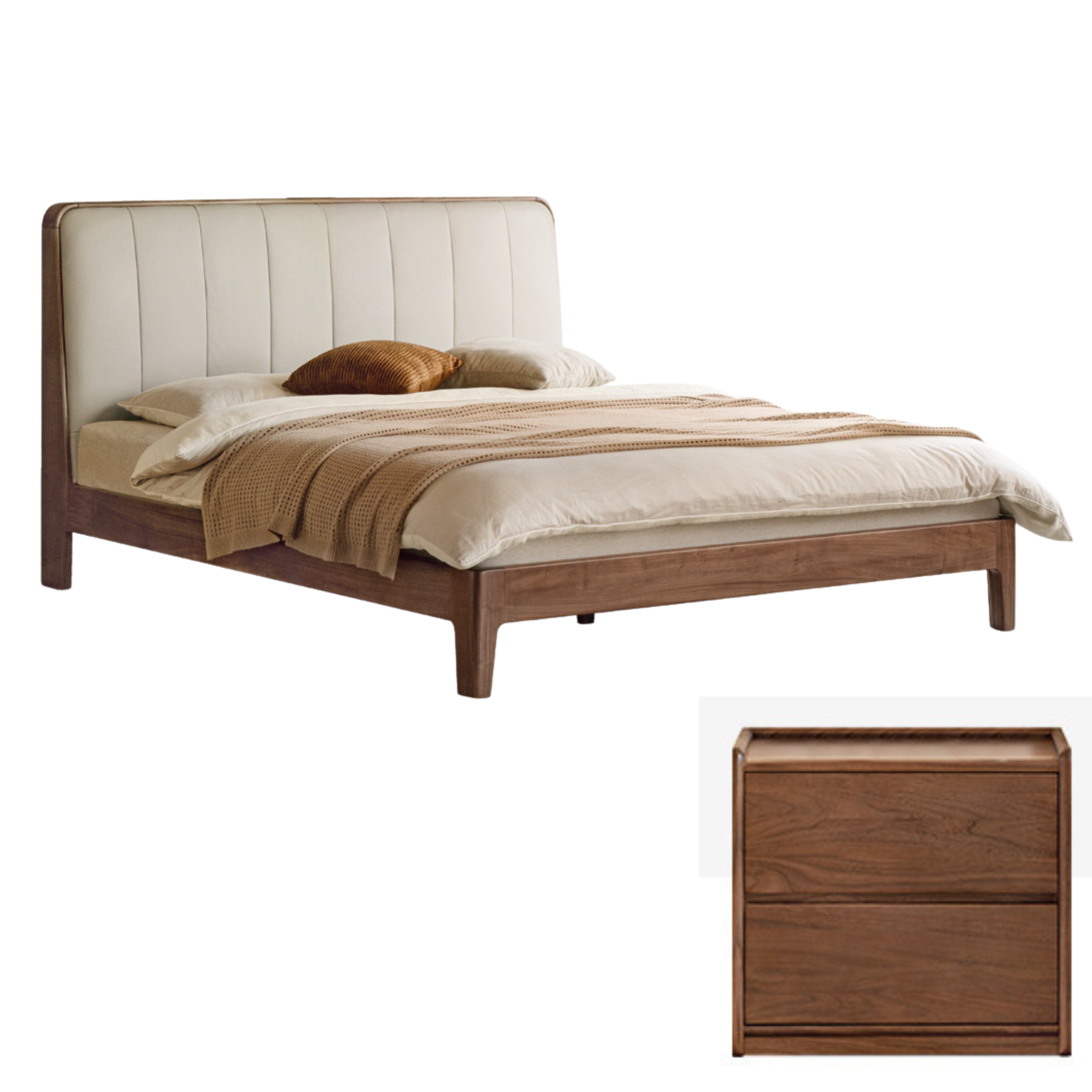 Premium Black Walnut Solid Wood Bed with Genuine Leather Upholstery - USB Charging Ports Included - Perfect for Master Bedrooms & Guest Rooms