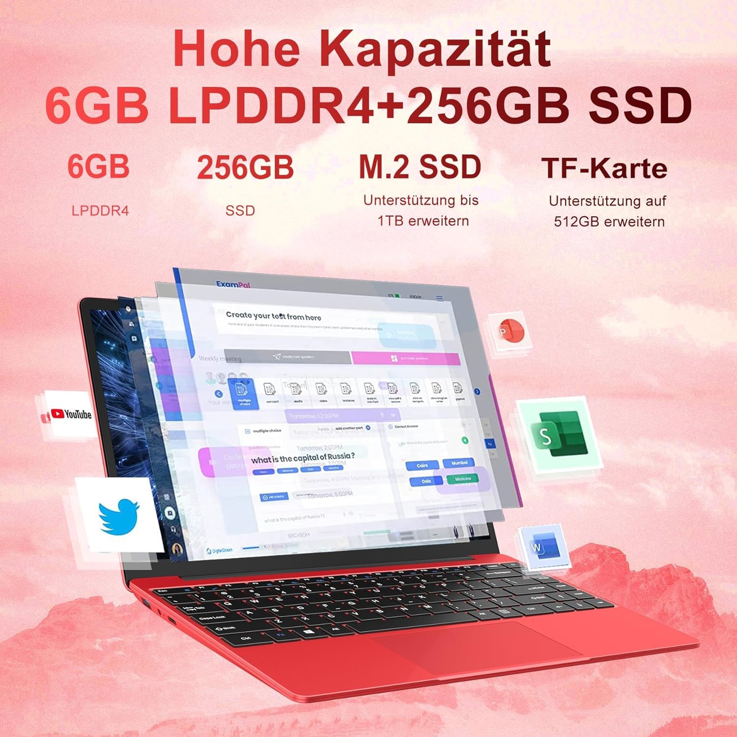 WOZIFAN 14 Inch Laptop - Windows 11, 256GB SSD (Expandable to 1TB), 1080P FHD Display, 2.4G+5G WiFi, Bluetooth, HDMI - Includes Wireless Mouse & German Keyboard Stickers (Red) - Perfect for Work, Study, and Home Entertainment