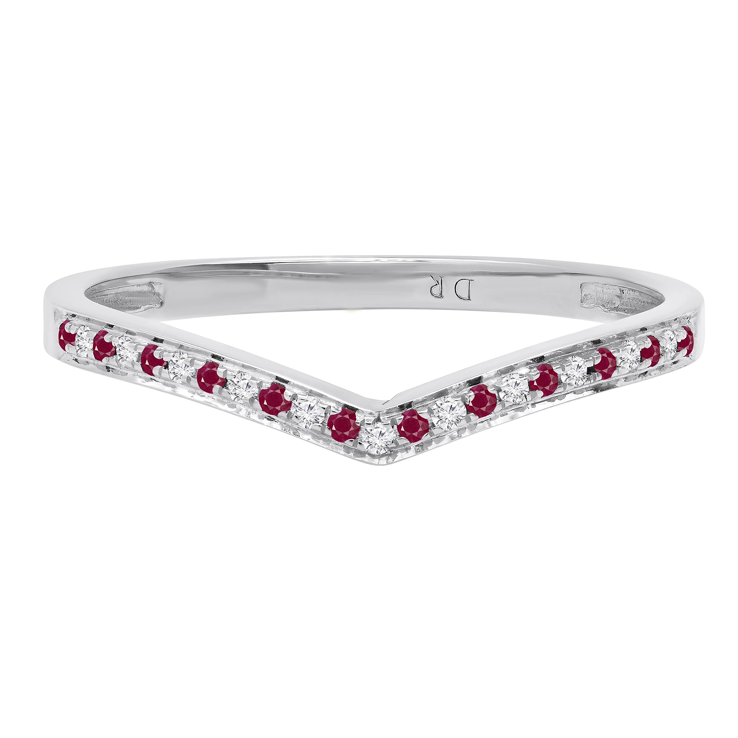 10K Solid White Gold Round Gemstone & Diamond Women's Bridal Wedding Band – Chevron Anniversary Ring for Her | Perfect for Engagement, Proposal, and Special Occasions