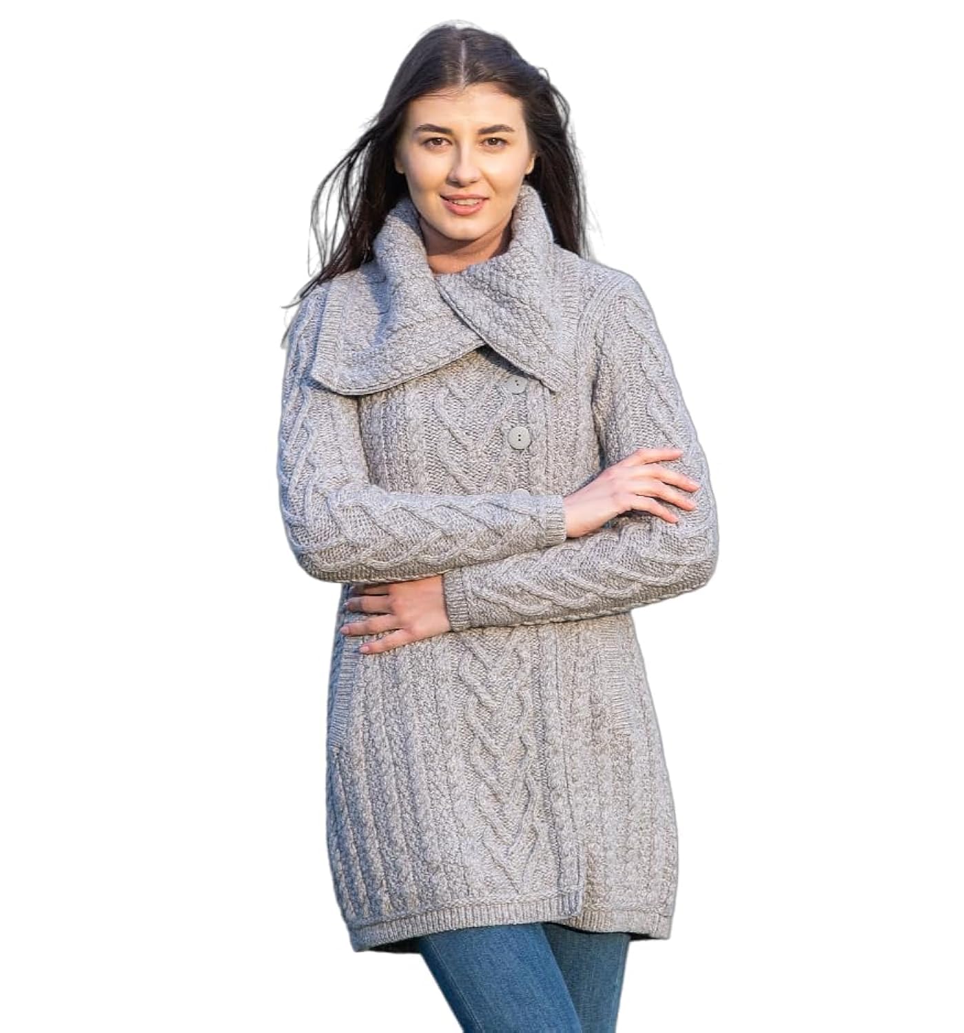 SAOL 100% Merino Wool Women's Classic Cable Knit Cardigan Sweater - Irish Coat with Pockets | Warm Winter Layering for Office, Travel & Casual Outfits