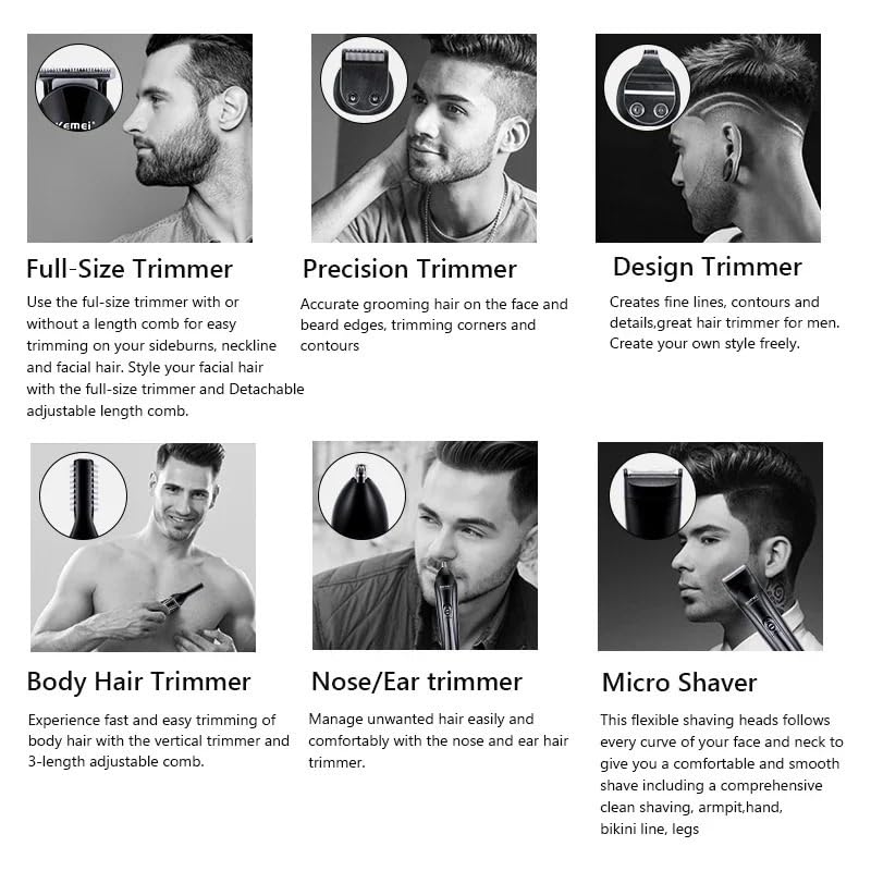 Professional Electric Hair Clipper & Beard Trimmer Kit for Men - Cordless Hair Cutting Machine with Nose/Ear Trimmer & Facial Cleaner - Perfect for Home Barbering, Grooming, and Personal Care