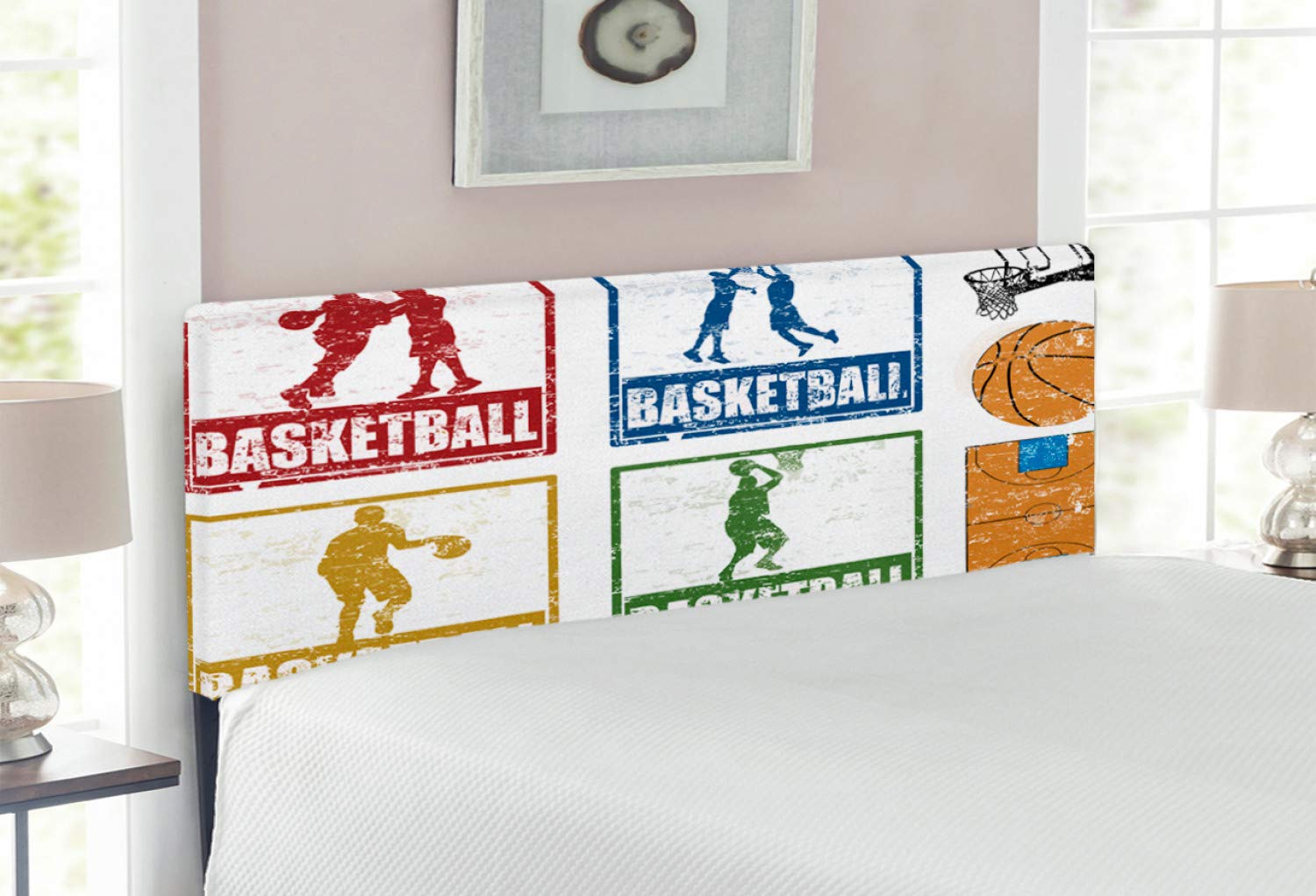 Ambesonne Vintage Basketball Headboard - Upholstered Metal Bed Frame with Memory Foam, Full Size Navy Green & Red - Perfect for Sports Themed Bedrooms & Dorm Decor