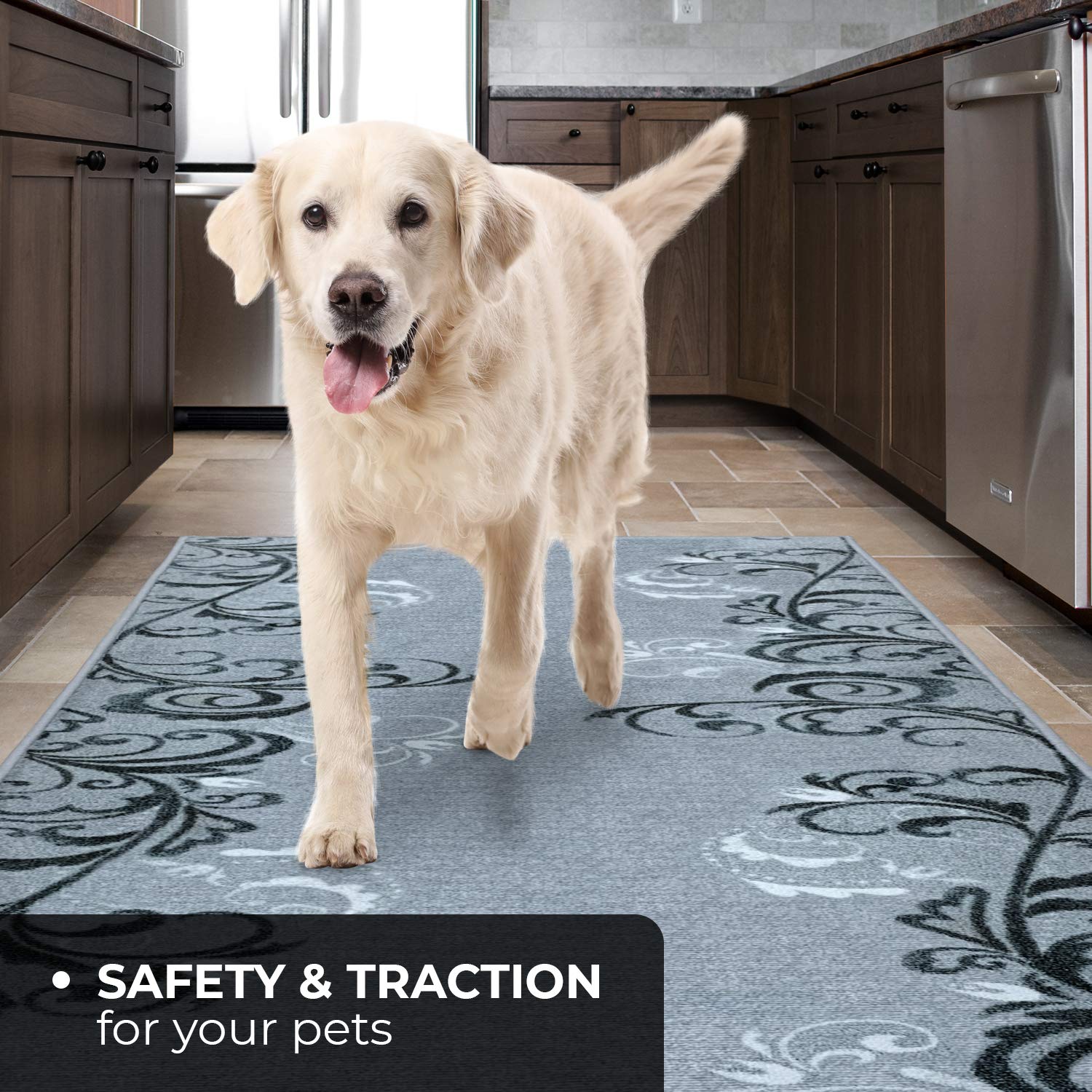 Non-Slip Carpet Runner with Elegant Scroll Design - Silver Gray - 12ft x 26in - Perfect for Hallways, Stairs & High-Traffic Areas - Home Safety & Decorative Floor Covering