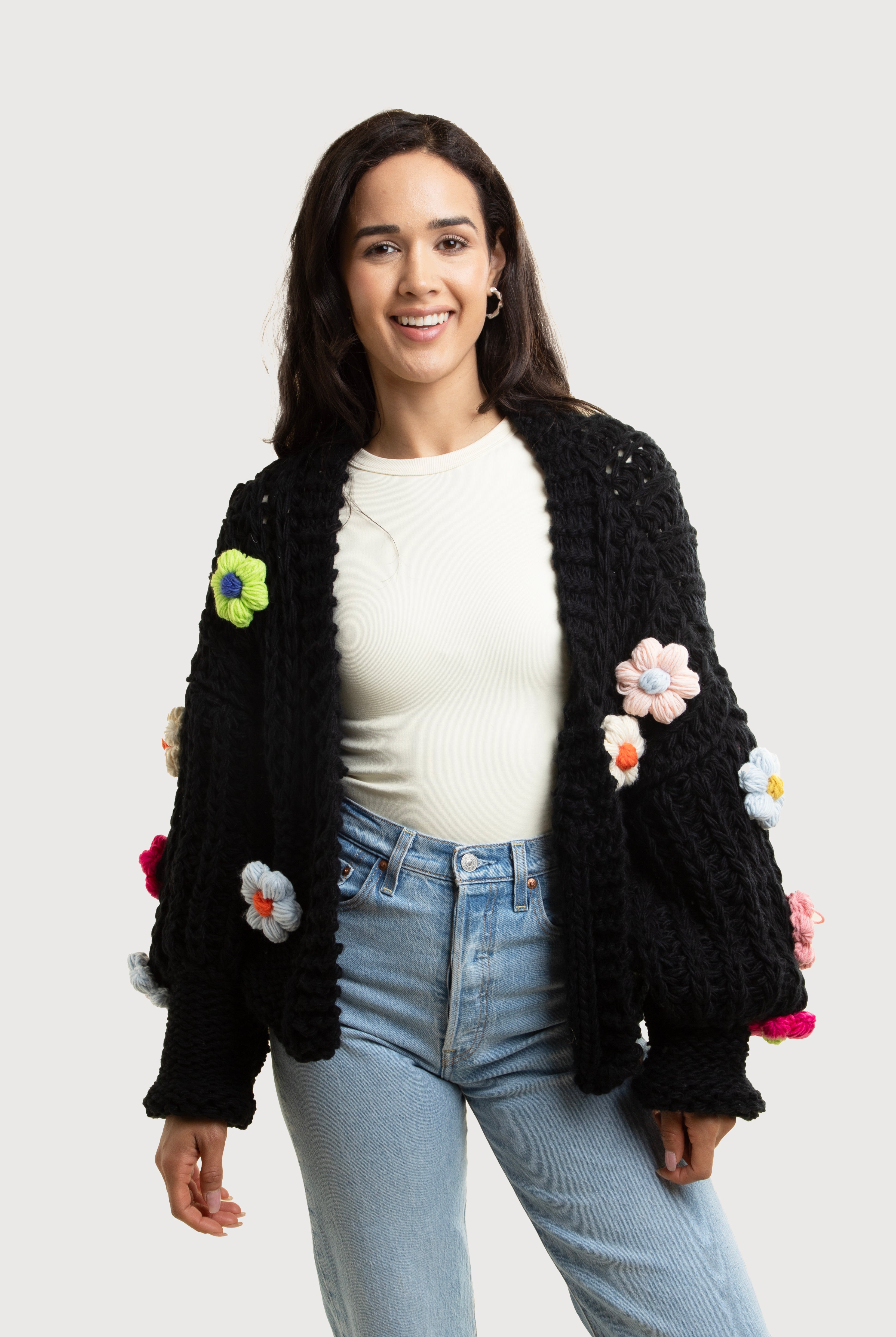 Floral Appliqué Knit Cardigan with Buttons - Elegant Lace-Up Sweater for Women - Perfect for Spring Outfits, Office Wear & Casual Dates