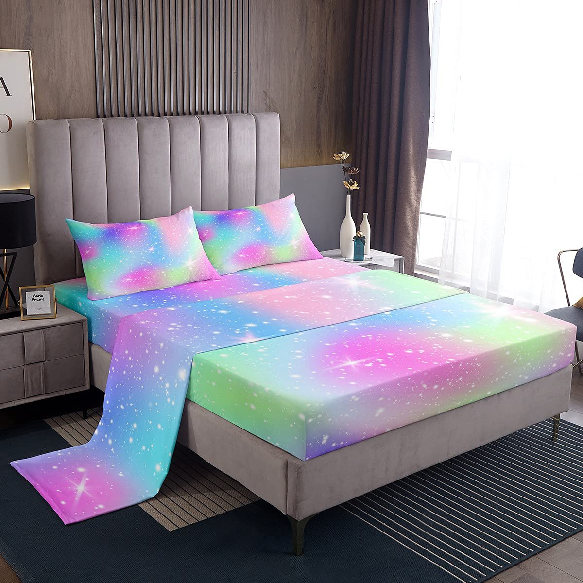 Erosebridal Galaxy Queen Size Fitted Sheet Set - Rainbow Ombre Gradient Tie Dye Bed Sheets with Starlight Glitter for Girls, Teens & Women | 4PC Space Star Pastel Bedding for Cozy Bedroom Decor & Teen Room Aesthetic