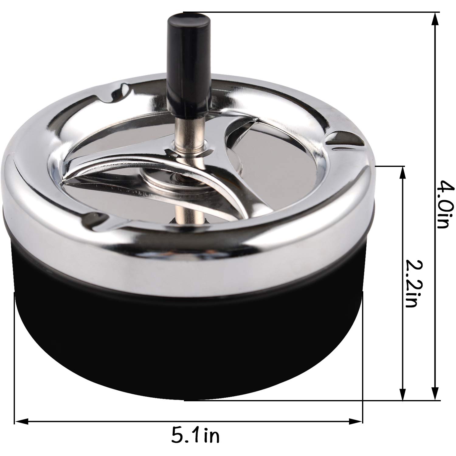 Premium Stainless Steel Modern Round Push Down Cigarette Ashtray with Spinning Tray - Indoor/Outdoor Desktop Smoking Ash Tray for Home, Office, Patio, and Car Use (Black)